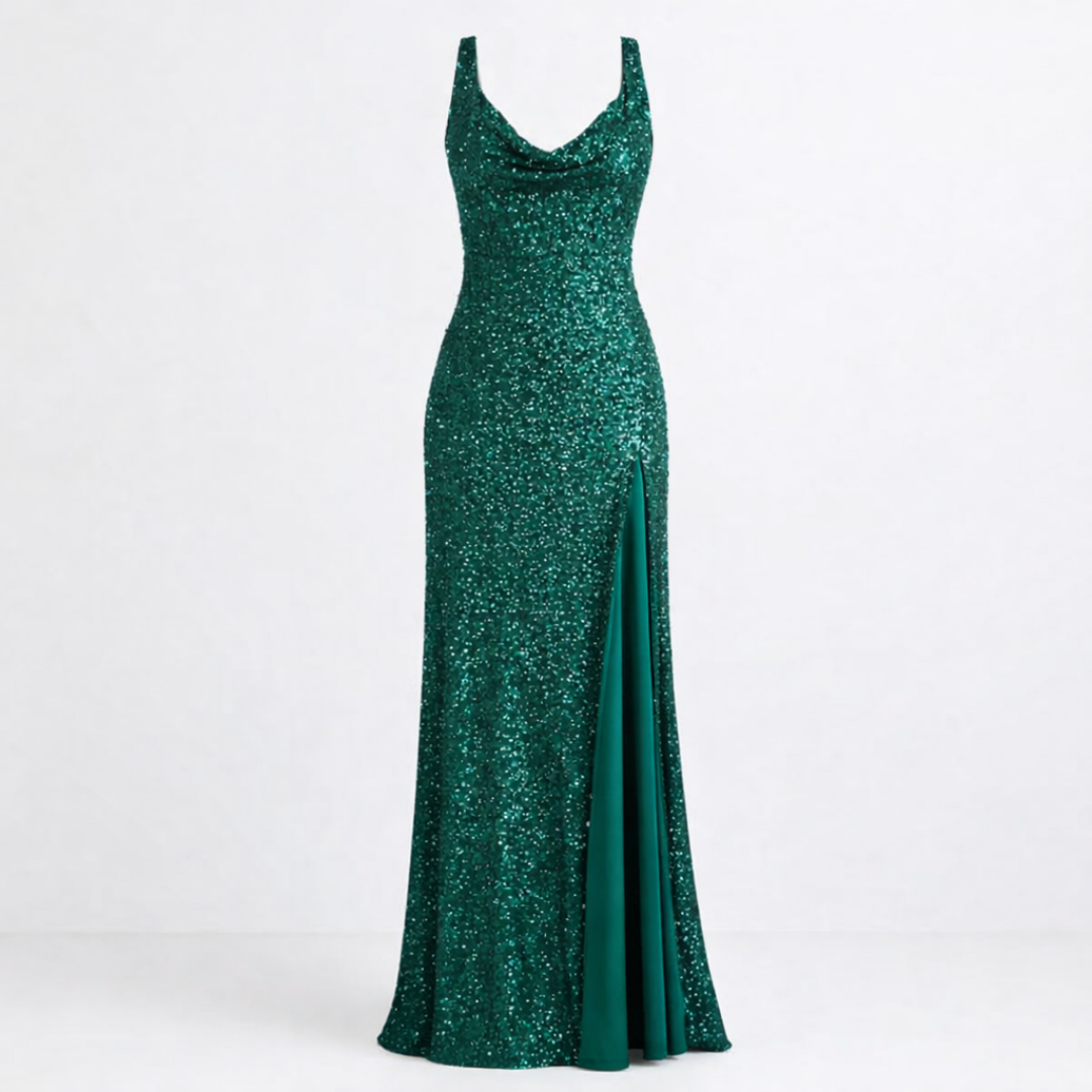 Dame Hunter Green Palietter Maxi Kjole - Cowl Drape