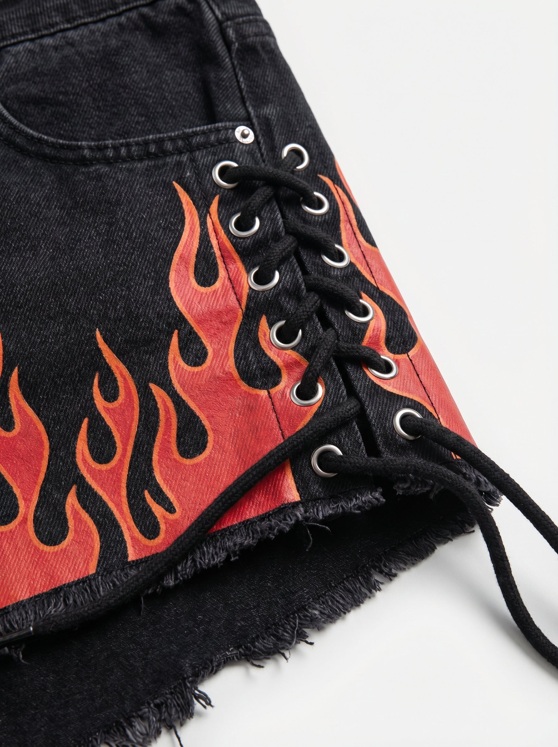 Flame Print Lace-Up Denim Jorts