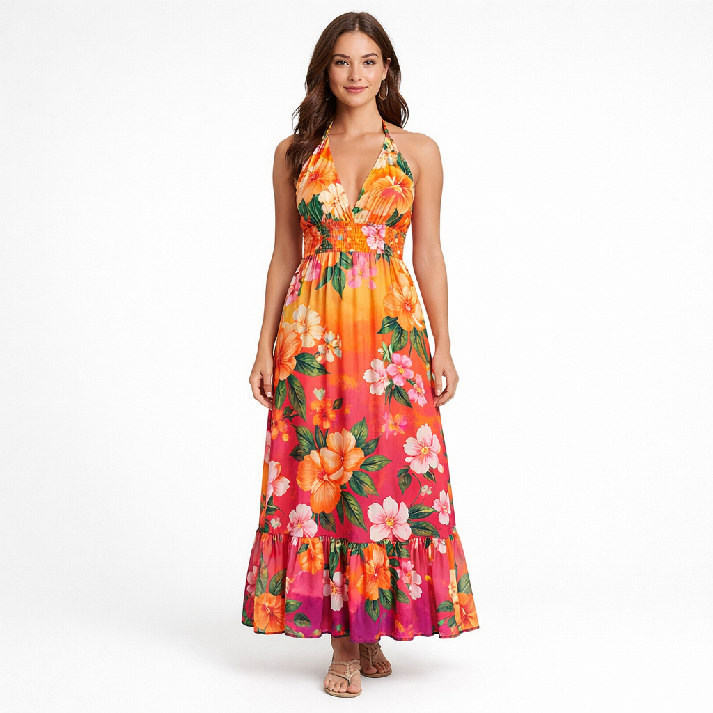 Sunset Garden Floral Halter Maxi Dress - Front View