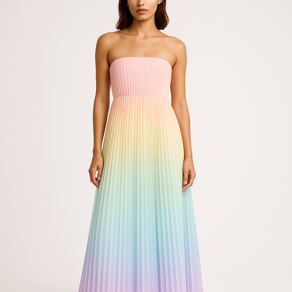 Prismatic Strapless Pleated Maxi Dress - Front View