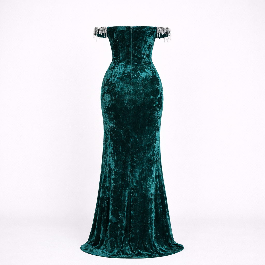 Dames Smaragd Off Shoulder Maxi Jurk - Gesculpt Bodice