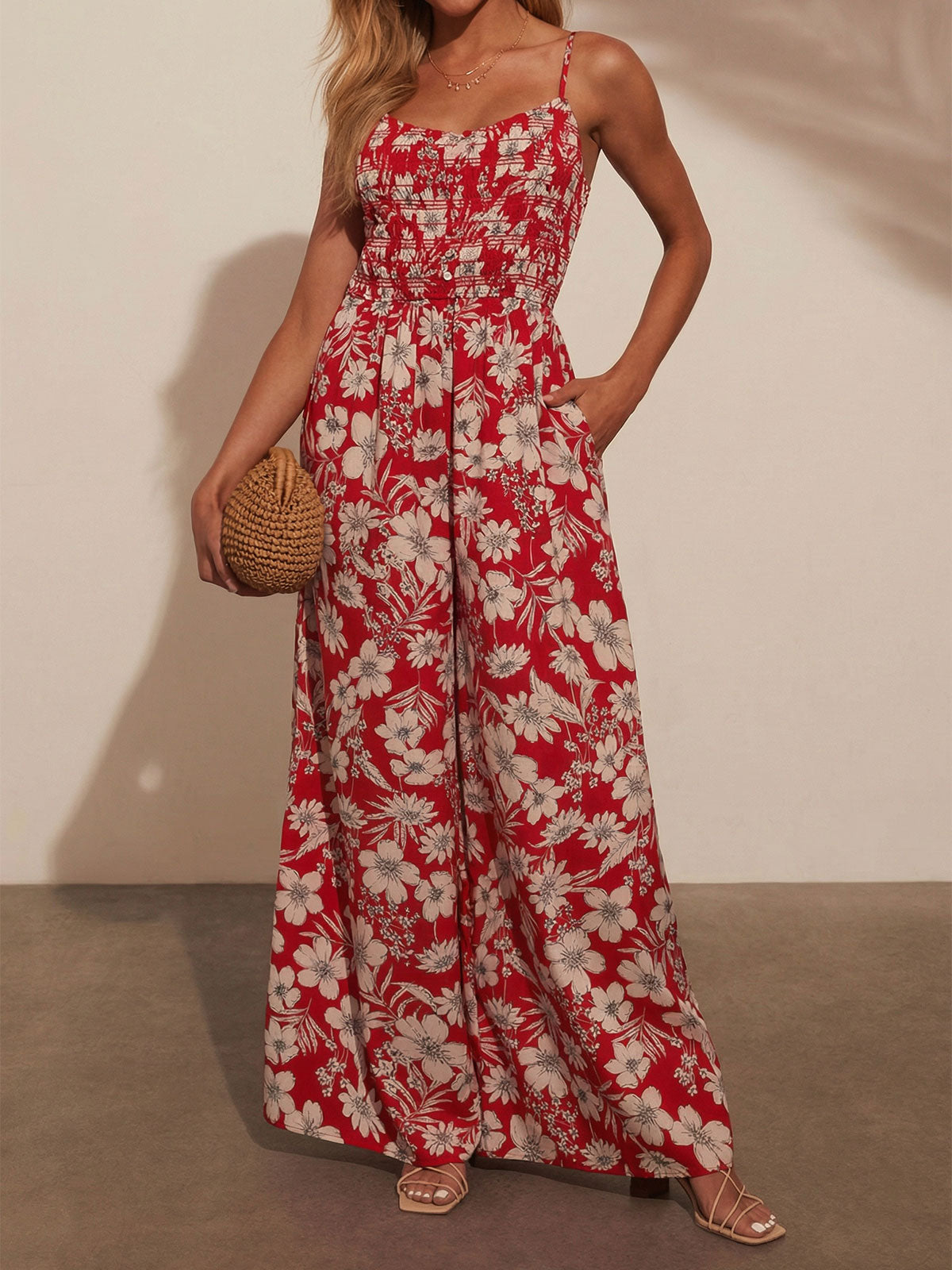 Boho blomster smocket ærmeløs lommekant resort brede ben jumpsuit