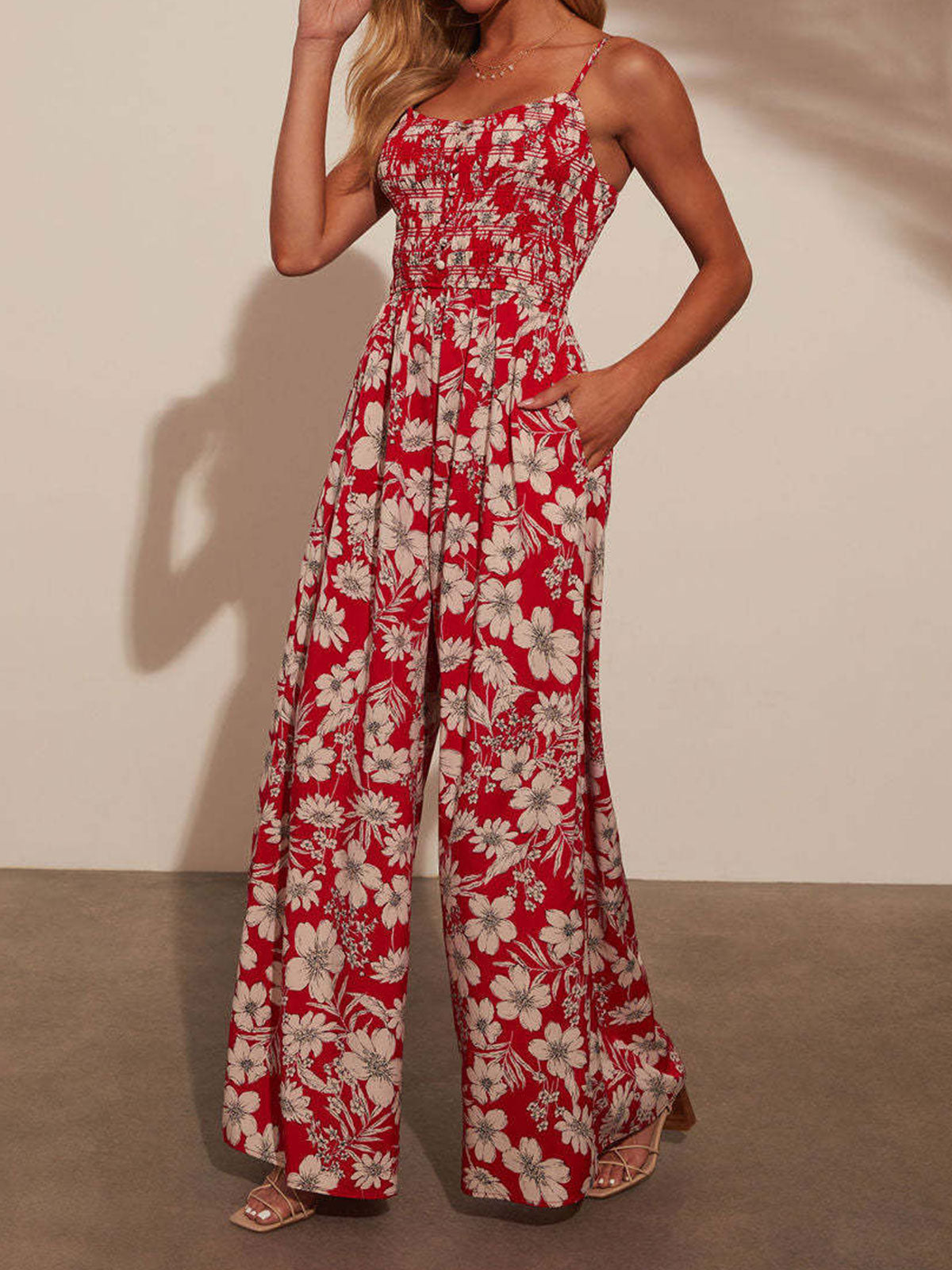Boho blomster smocket ærmeløs lommekant resort brede ben jumpsuit