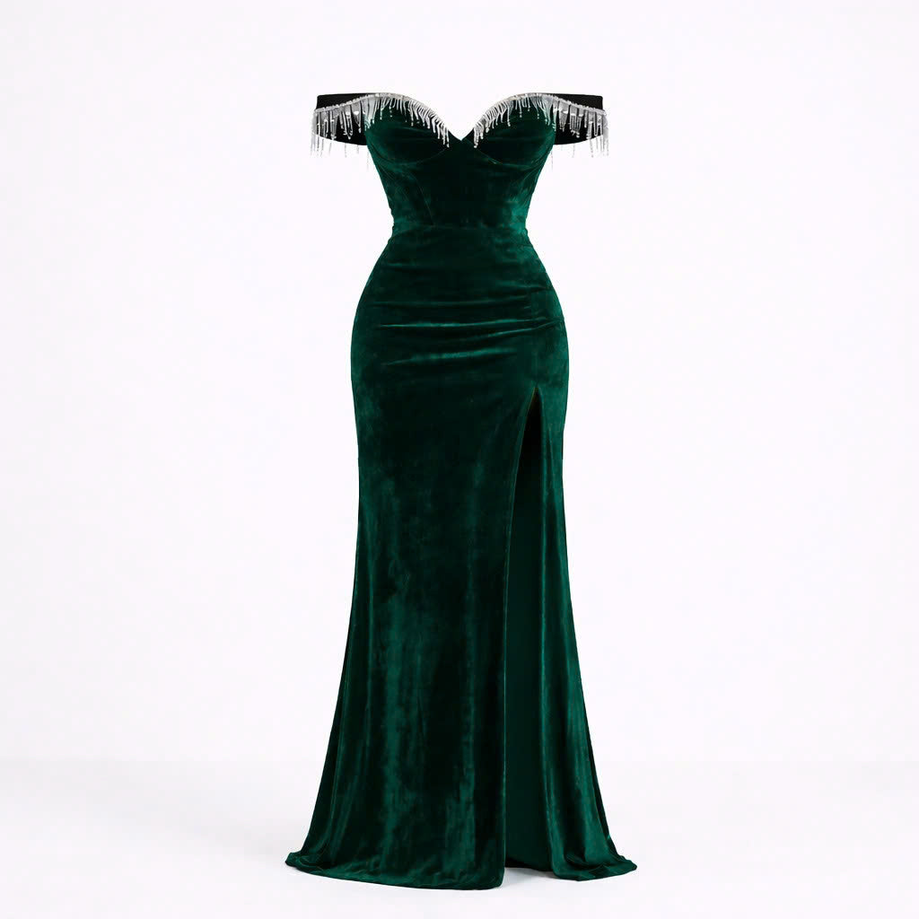 Dames Smaragd Off Shoulder Maxi Jurk - Gesculpt Bodice