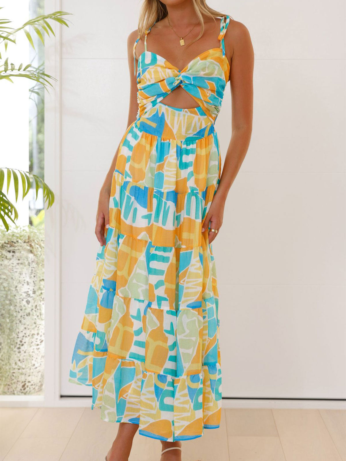 Geometrisk print twist sweetheart resort flæse lagdelt midi solkjole