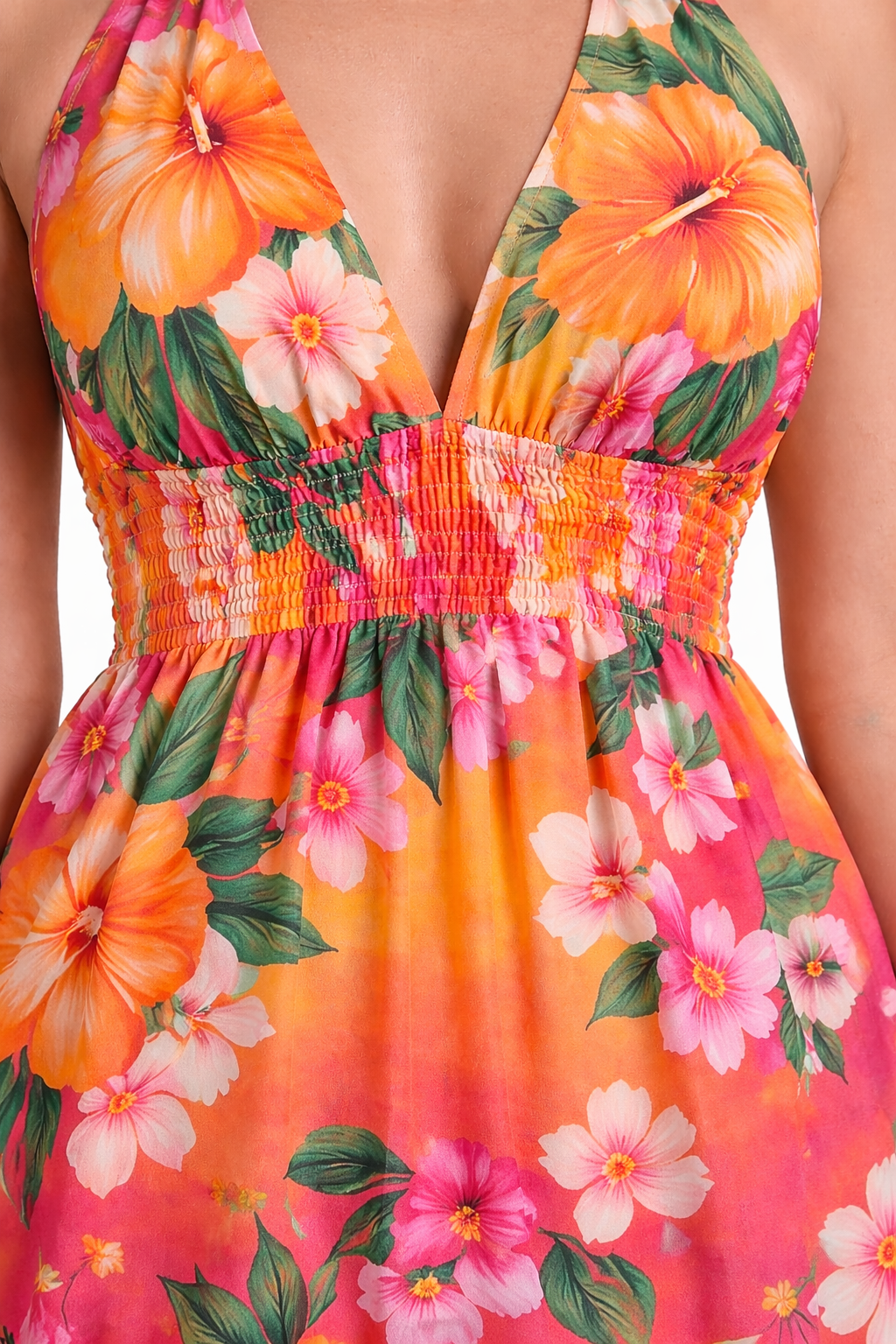 Sunset Garden Floral Halter Maxi Dress - Detail Close-up
