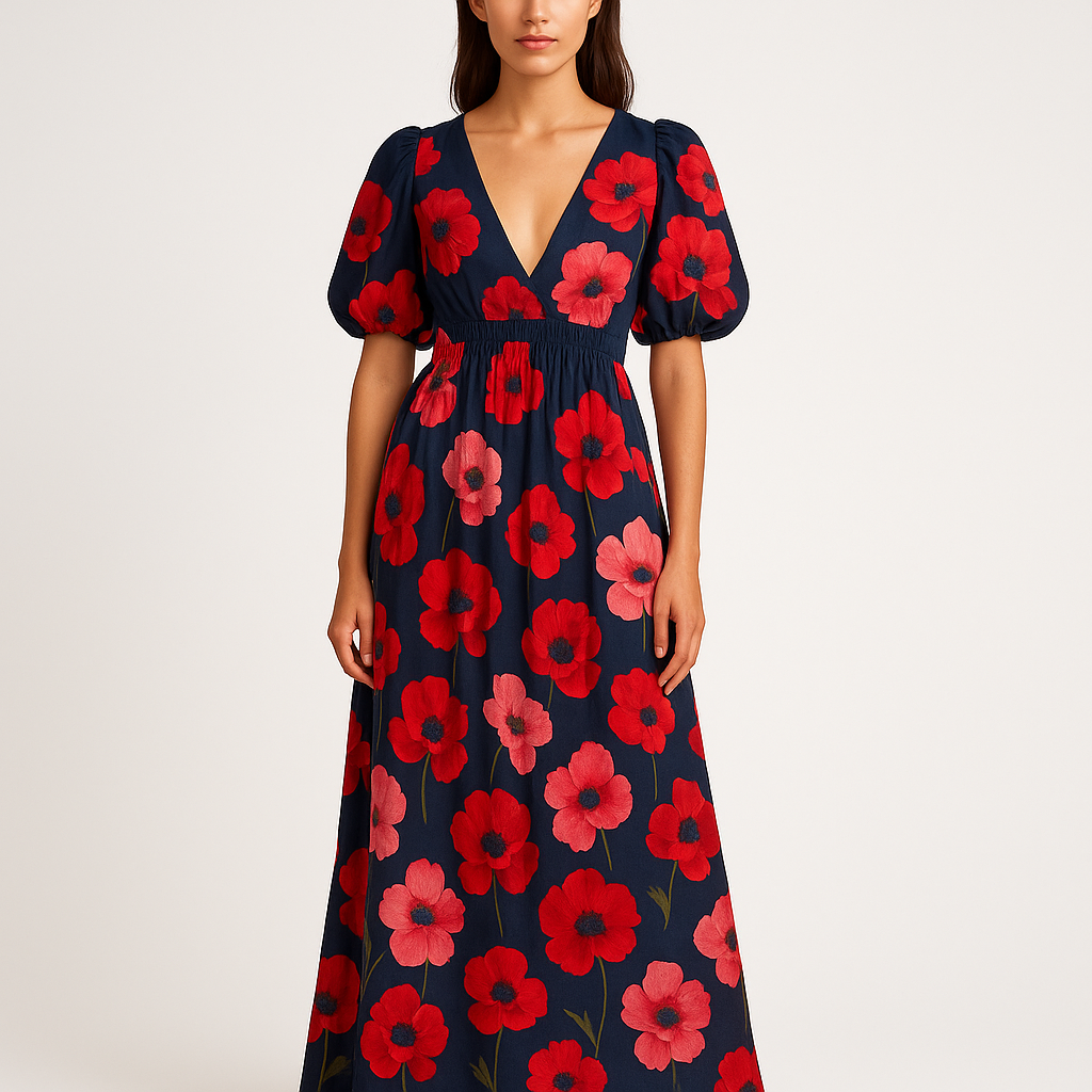 Poppy Fields Floral V-Neck Maxi Dress - Front View