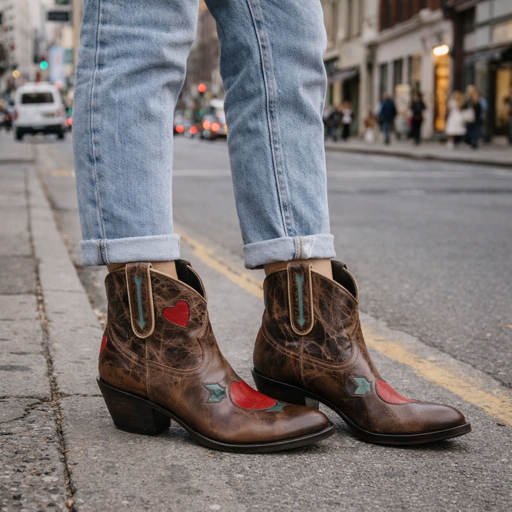 Dames Donkerbruine Western Enkellaarsjes - Amandel Neus
