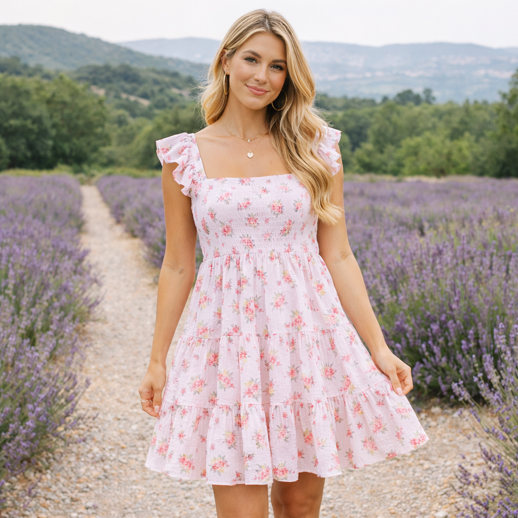 Dames Bloemen Smocked Mini Jurk - Korte Lengte