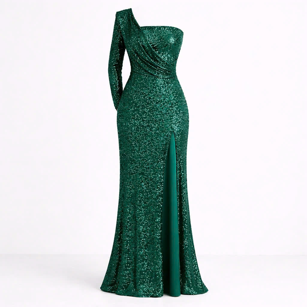 Dames Smaragd One Shoulder Maxi Jurk - Lichtreflecterende Detail