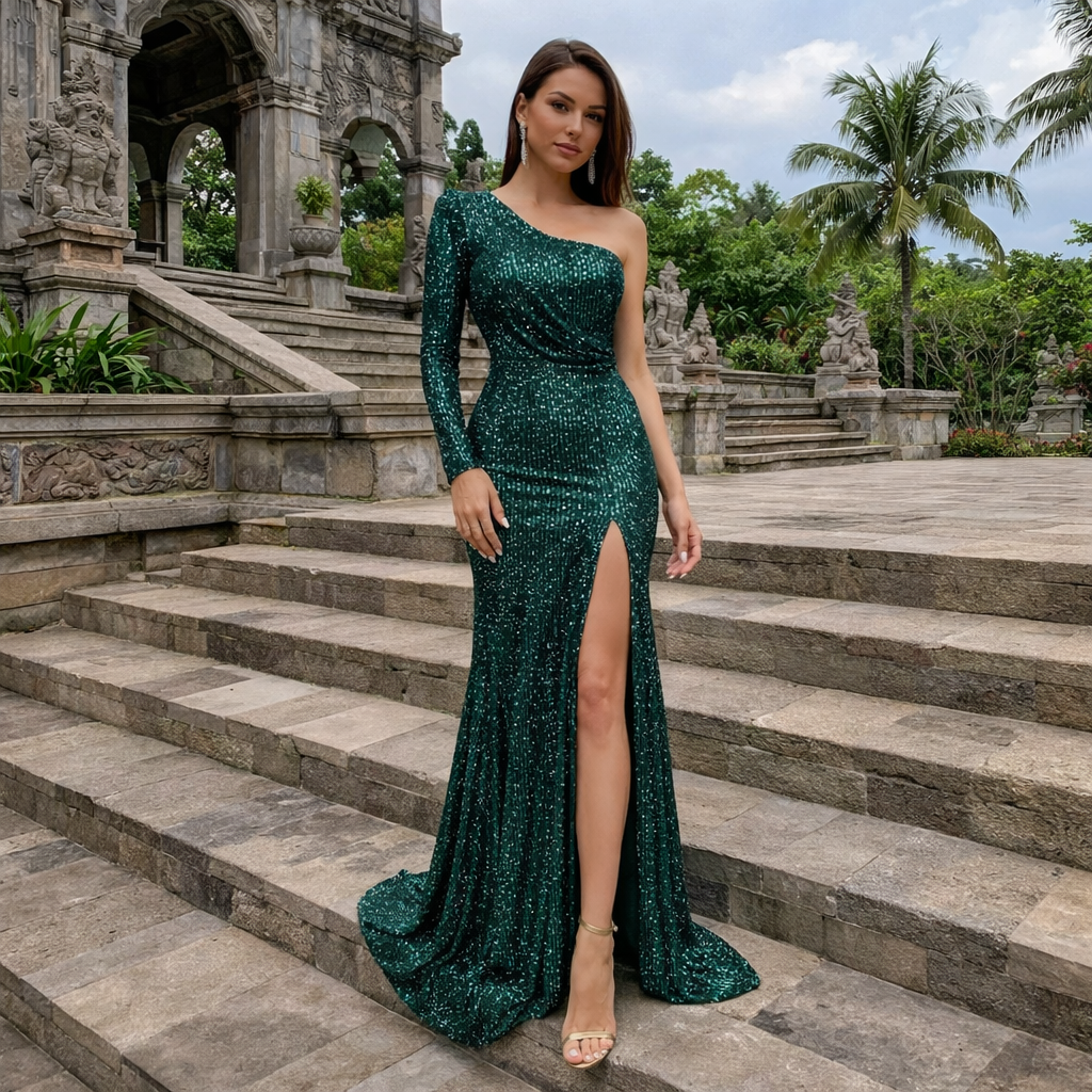 Dames Smaragd One Shoulder Maxi Jurk - Lichtreflecterende Detail