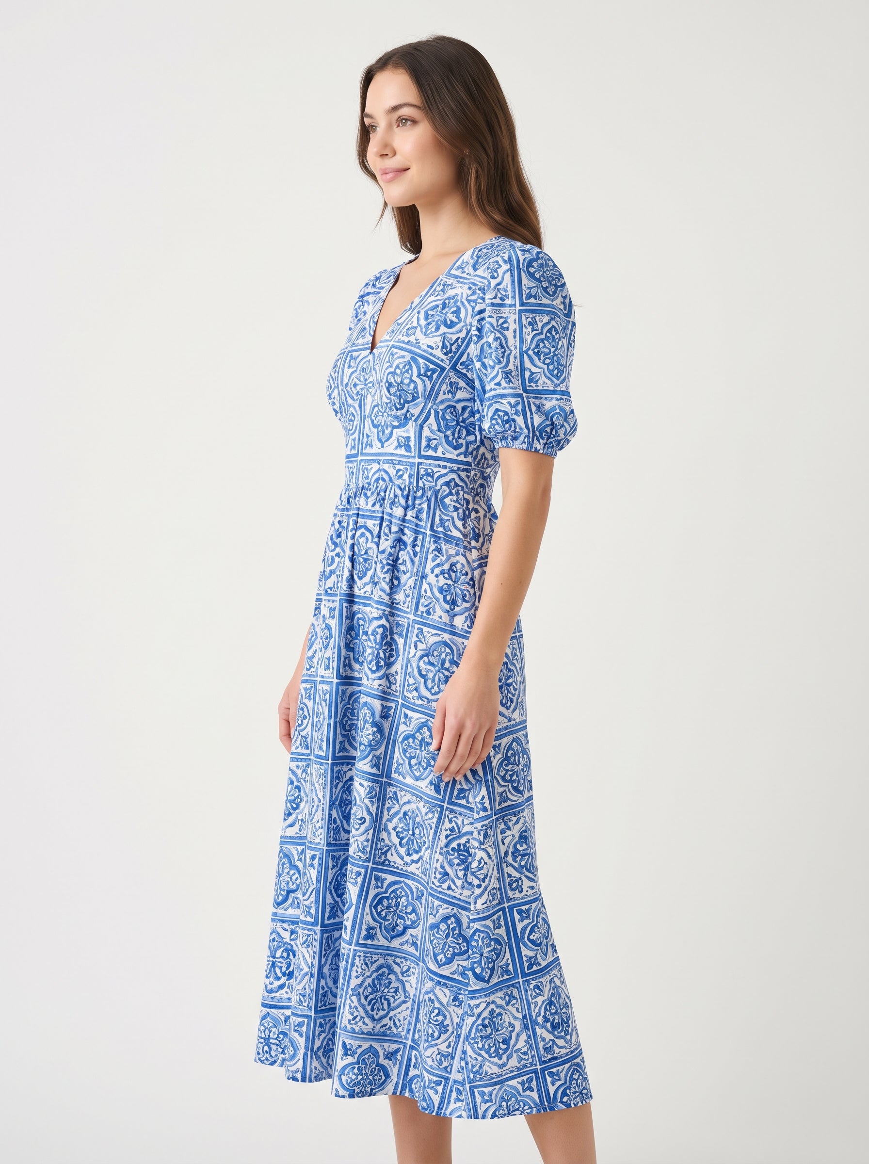 "Mykonos" Mediterranean Print Midi Dress