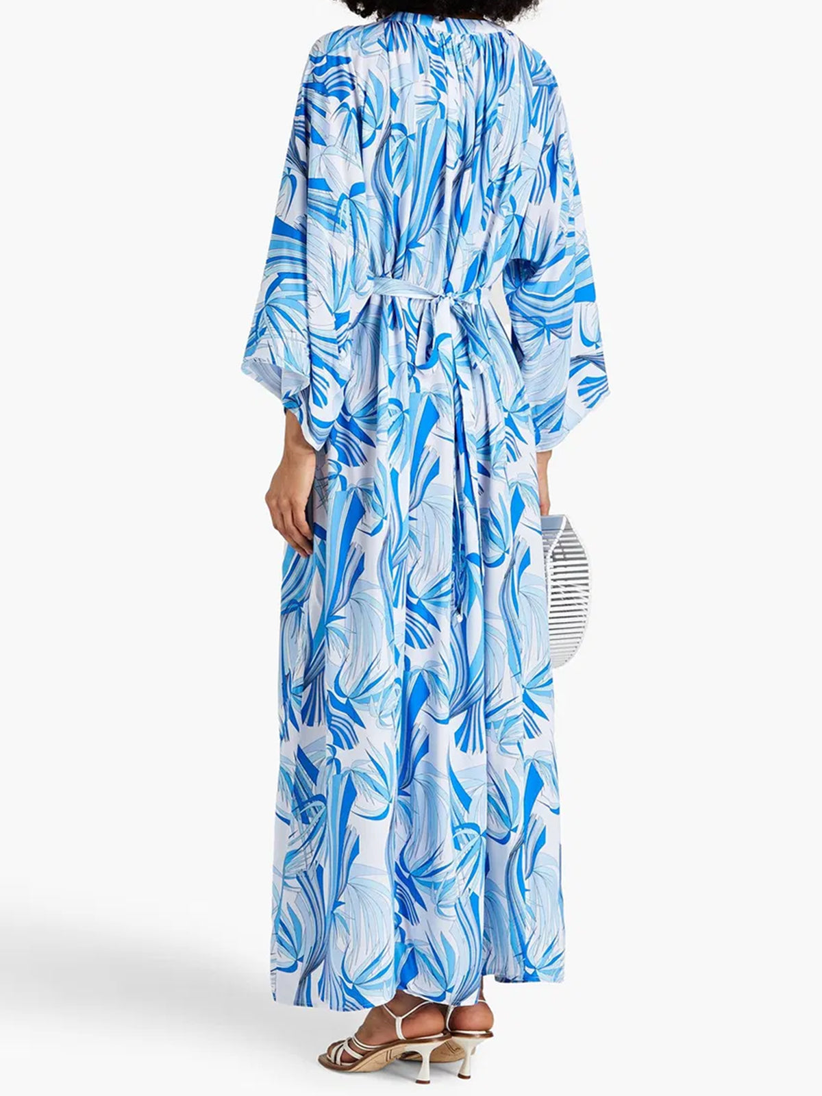 Resort Leaf Print Snørelukning V-Hals Oversize Vide Ærmer Maxikjole