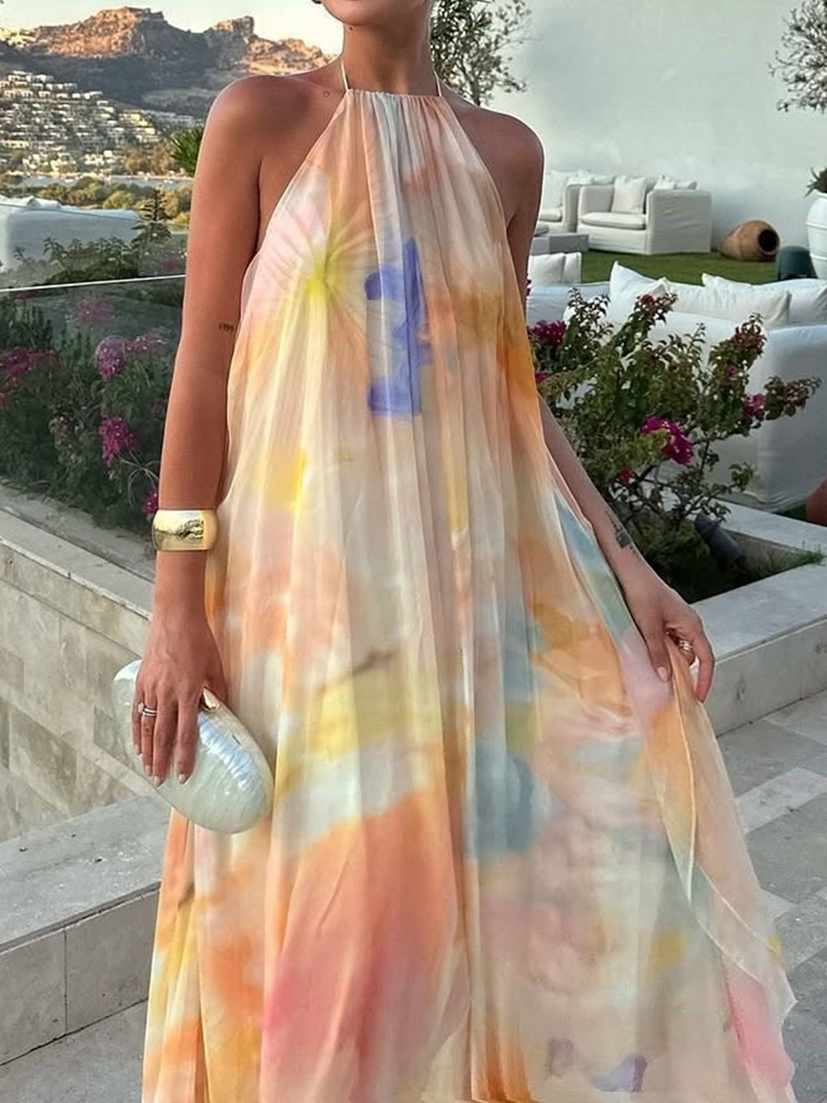 Sexet Rygfri Halterneck Bindebånd A-linje Resort Chiffon Blomstret Maxi Kjole
