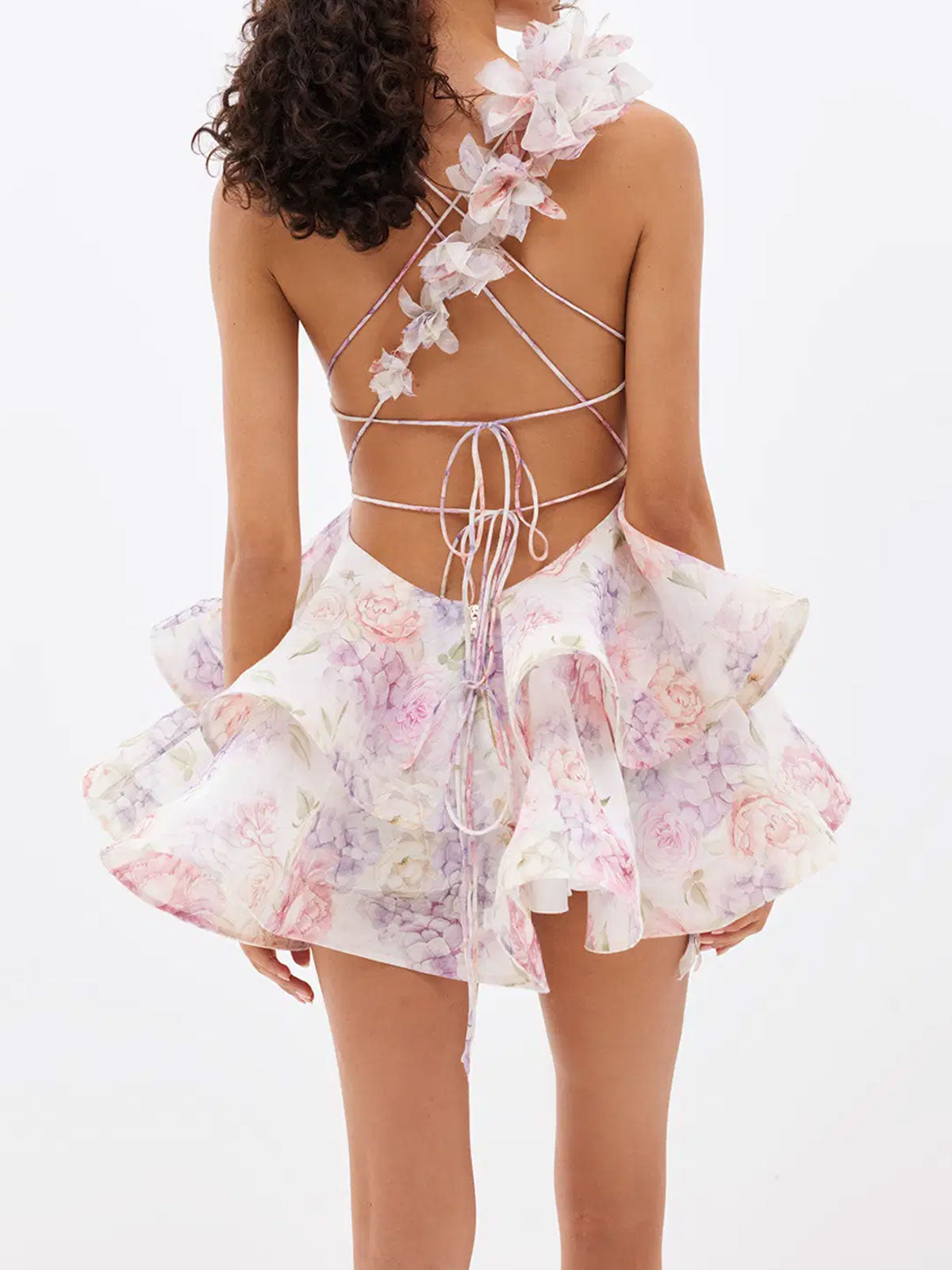 Sexet Snørelukning 3D Blomst Dybt V Resort Organza Blomstret Lagdelt Mini Kjole