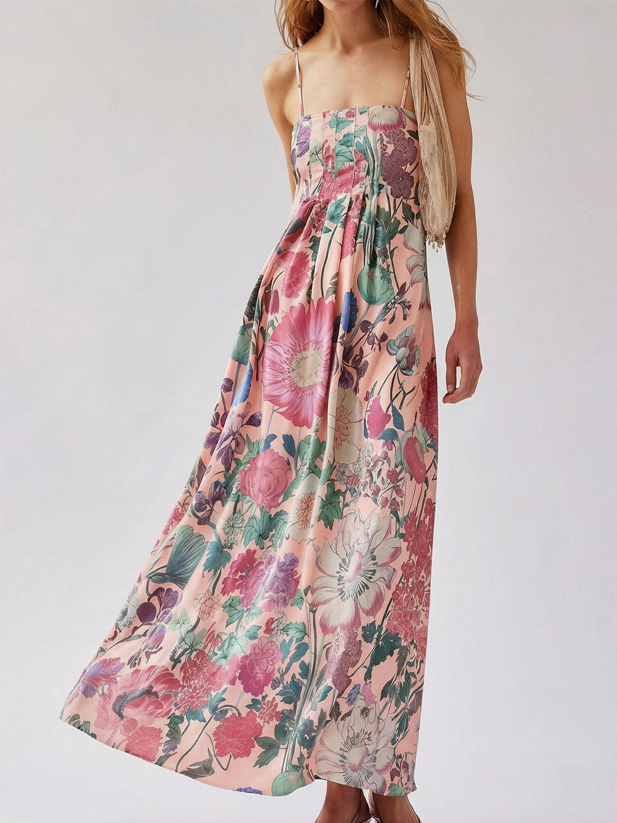 Tropisk blomsterprint, firkantet halsudskæring, A-formet resort pintuck maxi-kjole
