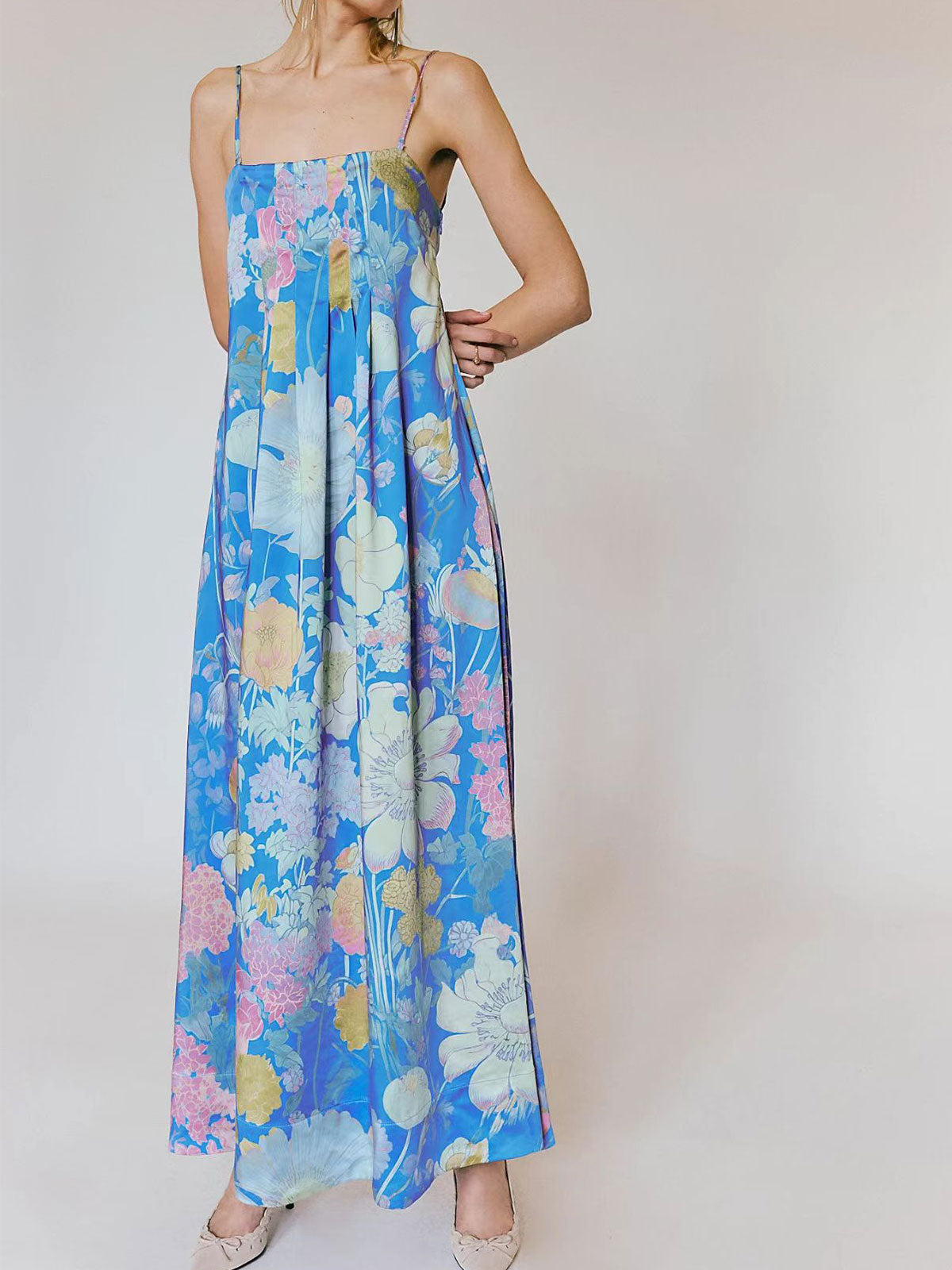Tropisk blomsterprint, firkantet halsudskæring, A-formet resort pintuck maxi-kjole
