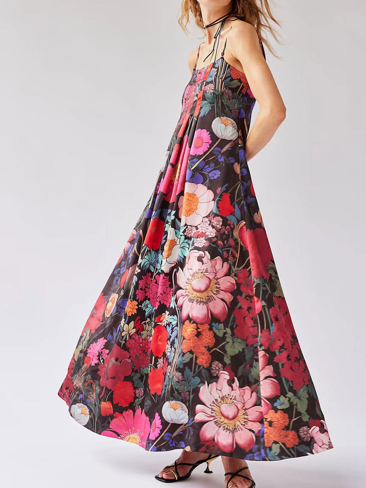 Tropisk blomsterprint, firkantet halsudskæring, A-formet resort pintuck maxi-kjole