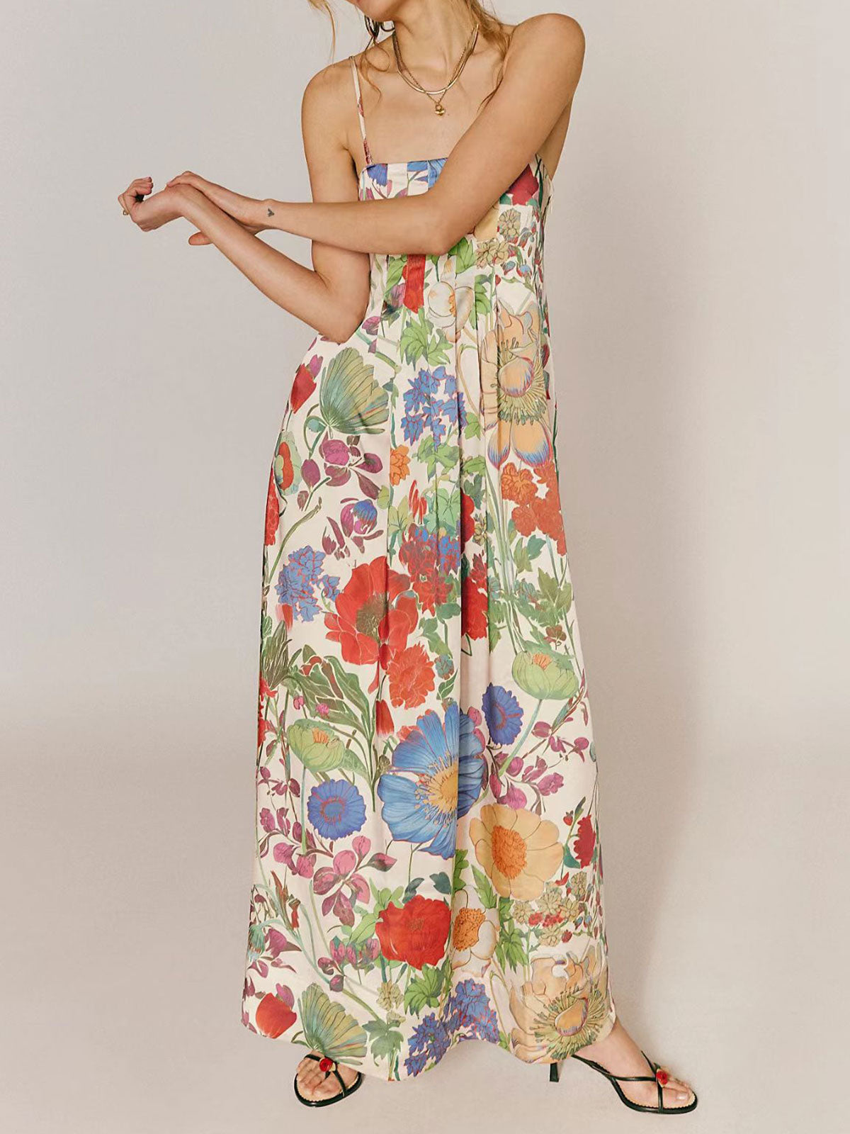 Tropisk blomsterprint, firkantet halsudskæring, A-formet resort pintuck maxi-kjole