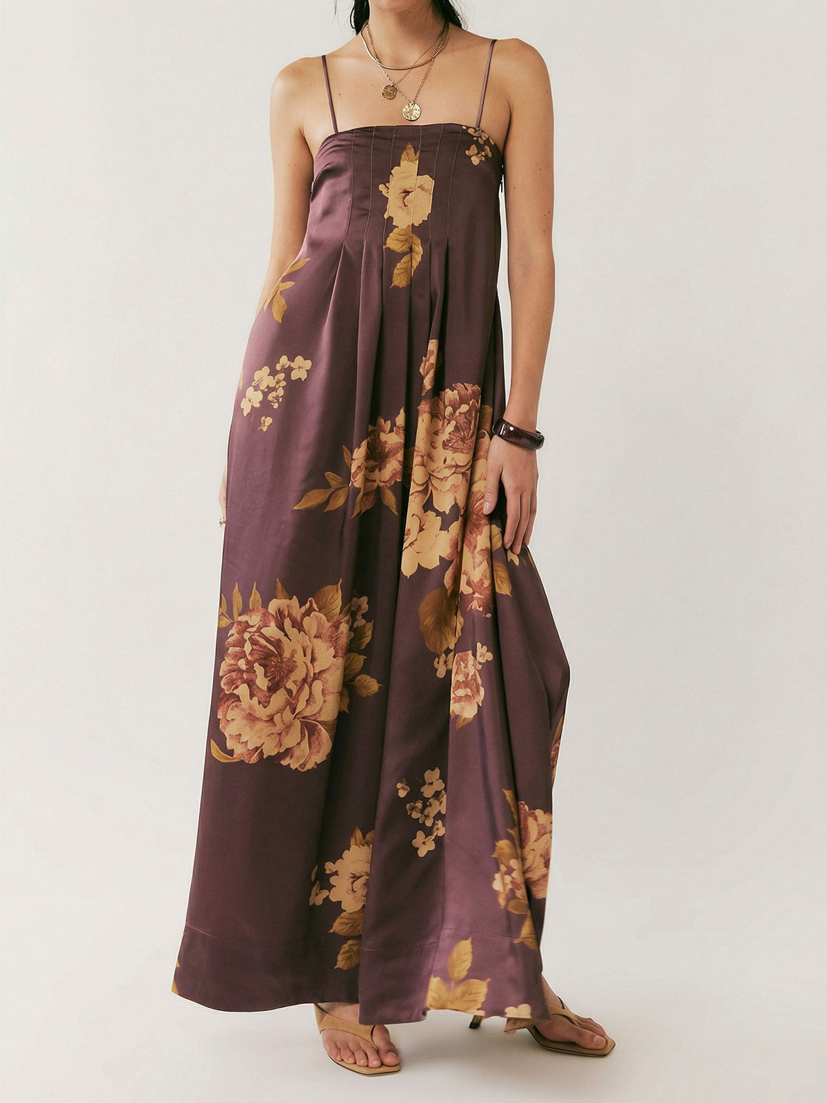 Tropisk blomsterprint, firkantet halsudskæring, A-formet resort pintuck maxi-kjole