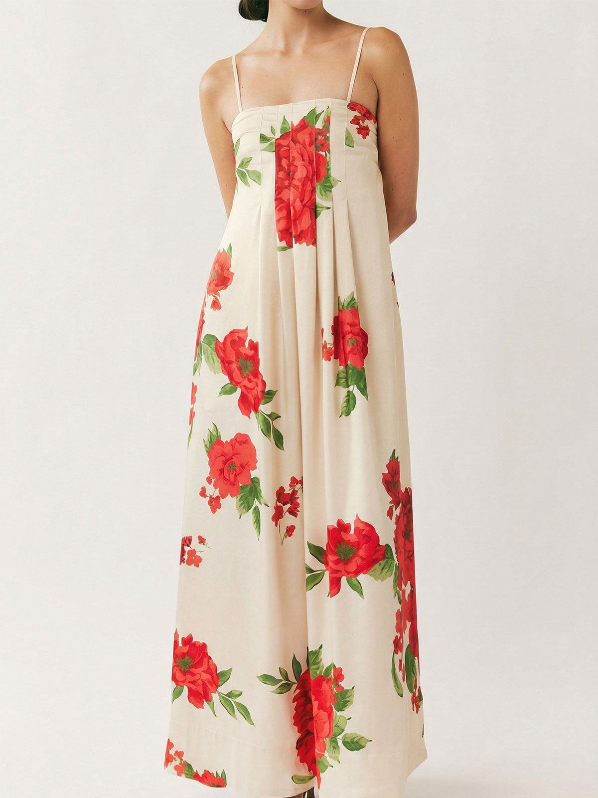 Tropisk blomsterprint, firkantet halsudskæring, A-formet resort pintuck maxi-kjole