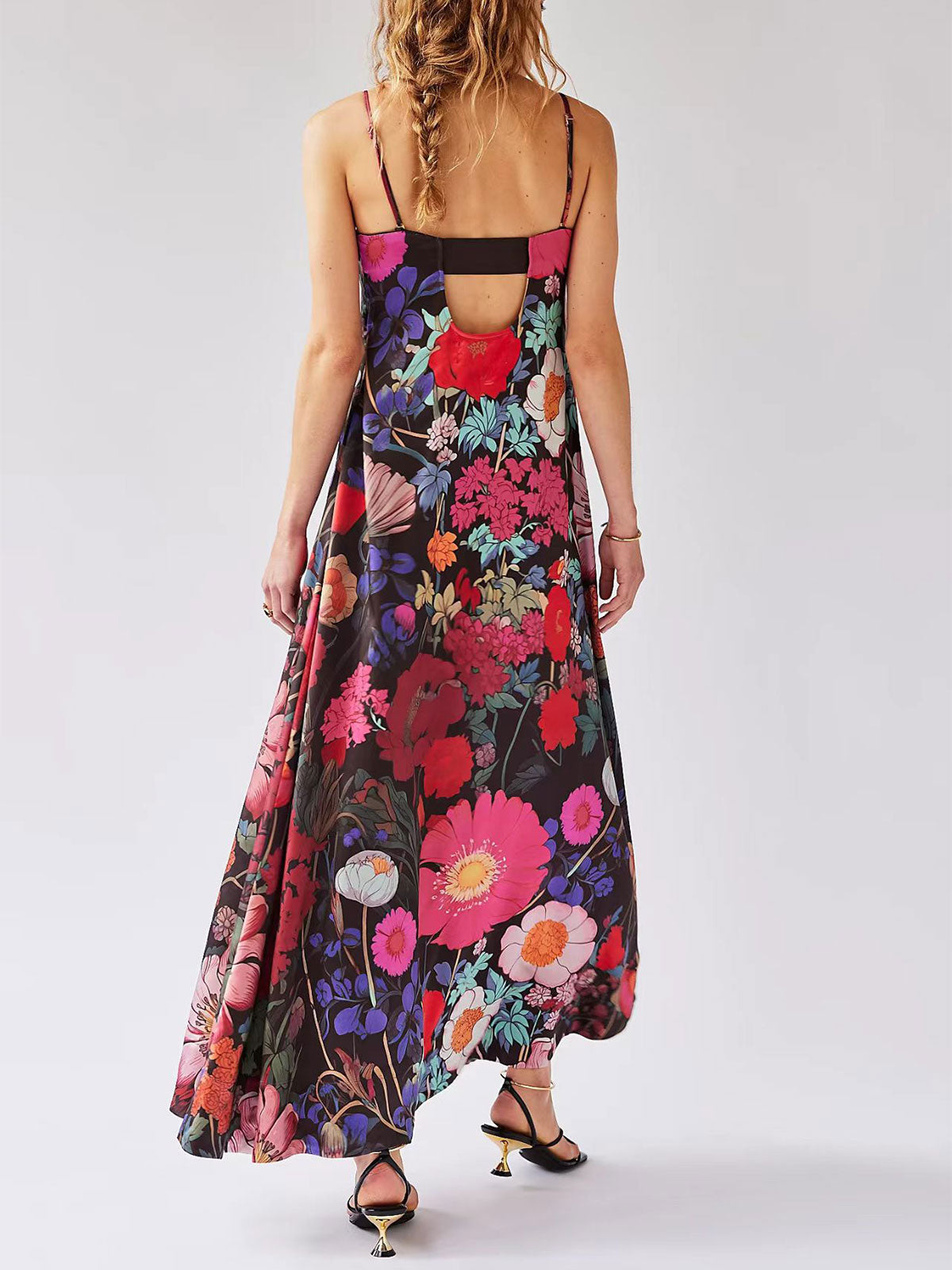 Tropisk blomsterprint, firkantet halsudskæring, A-formet resort pintuck maxi-kjole
