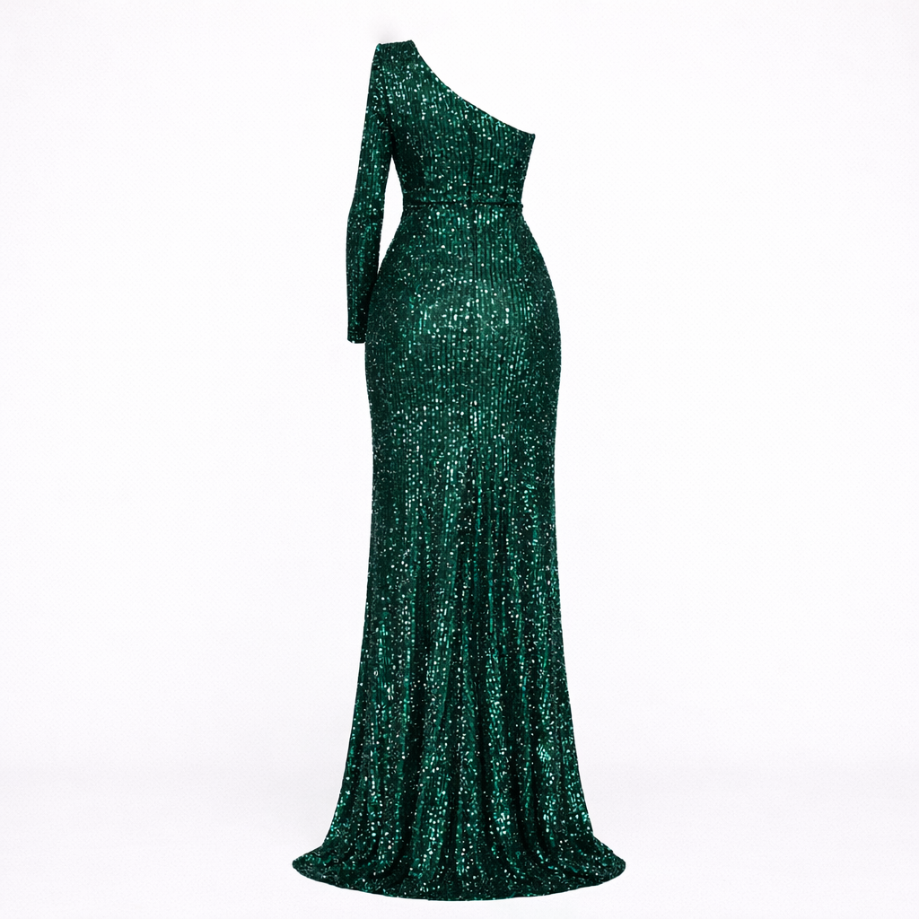 Dames Smaragd One Shoulder Maxi Jurk - Lichtreflecterende Detail