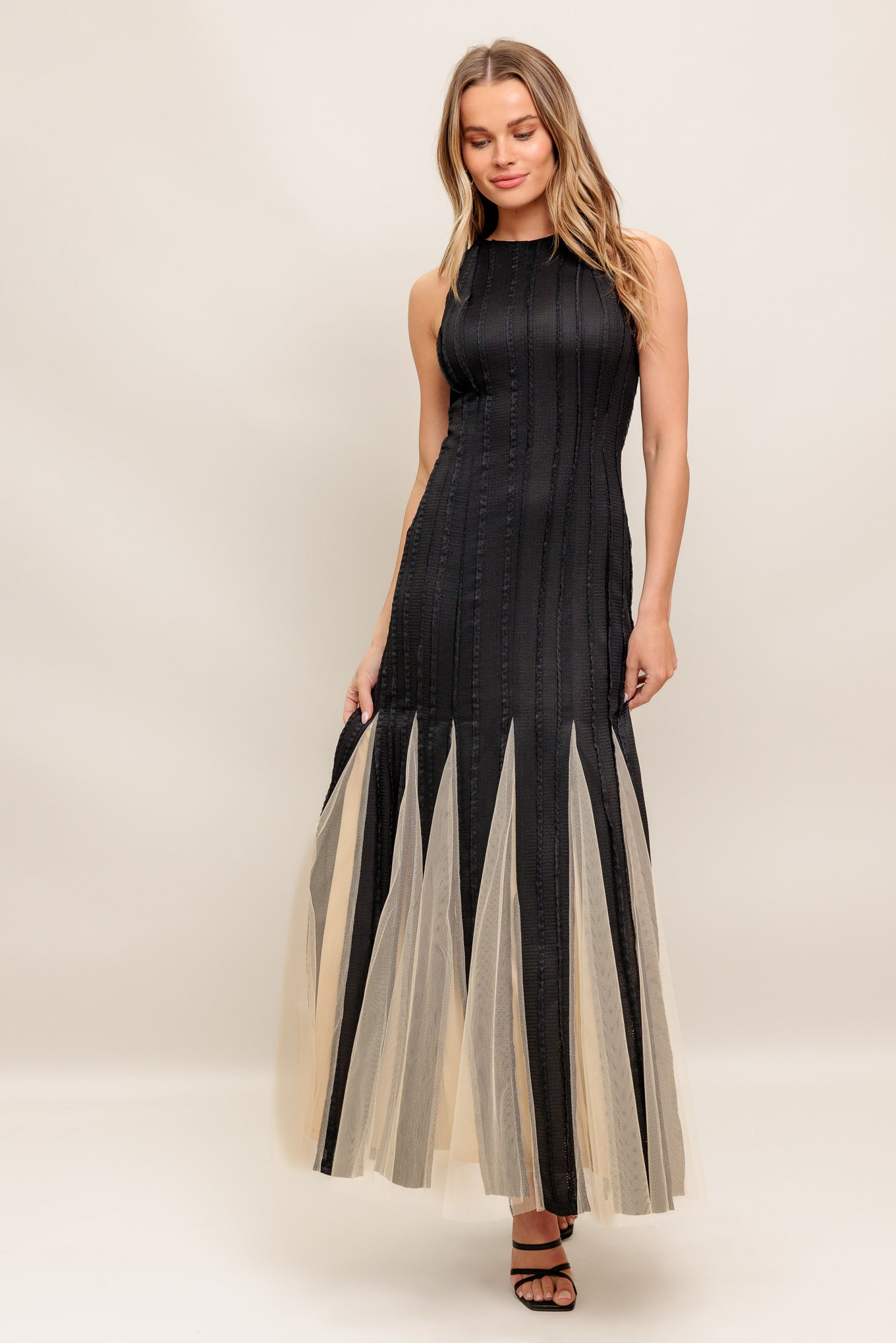 Black Knit Maxi Dress with Tulle Overlay