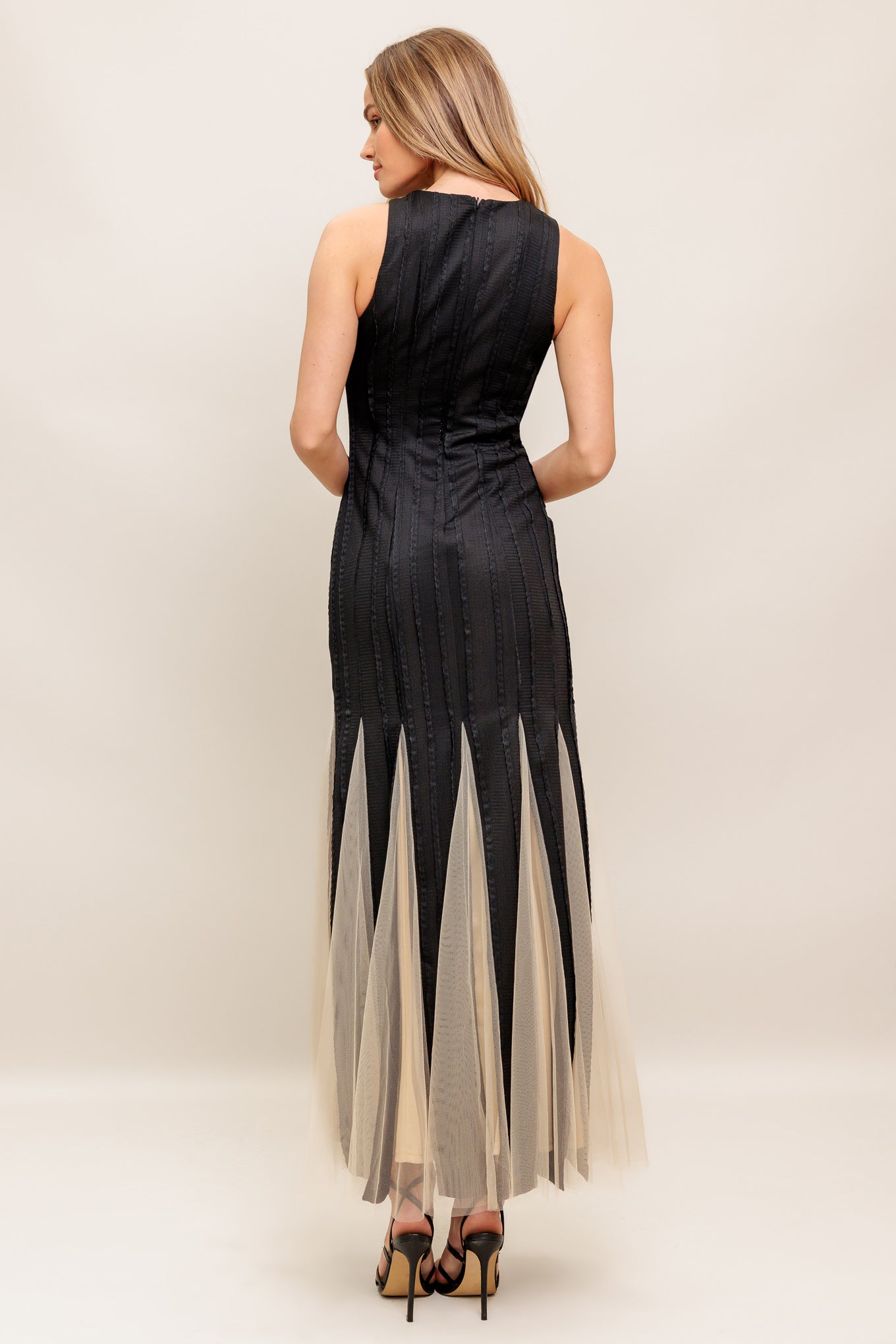 Black Knit Maxi Dress with Tulle Overlay