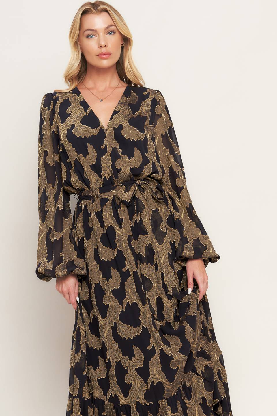 Middernacht Mos Jacquard Geweven Maxi Jurk