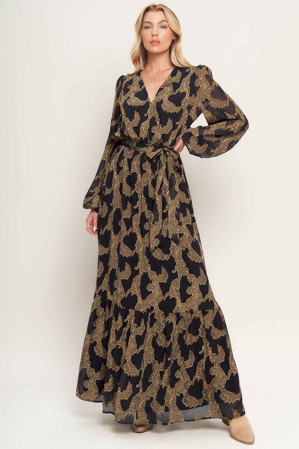 Middernacht Mos Jacquard Geweven Maxi Jurk