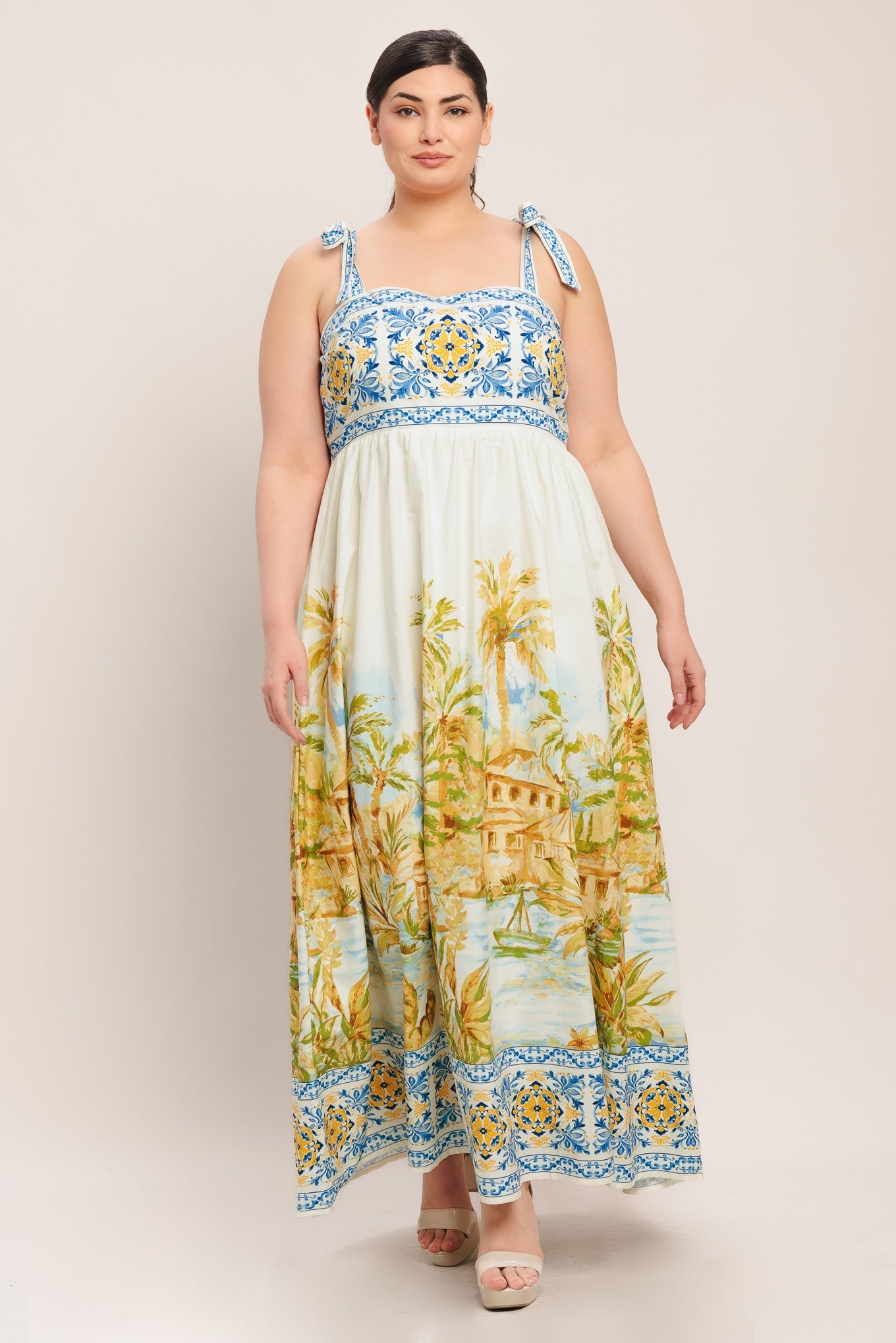 Postcard-Print Woven Maxi Dress
