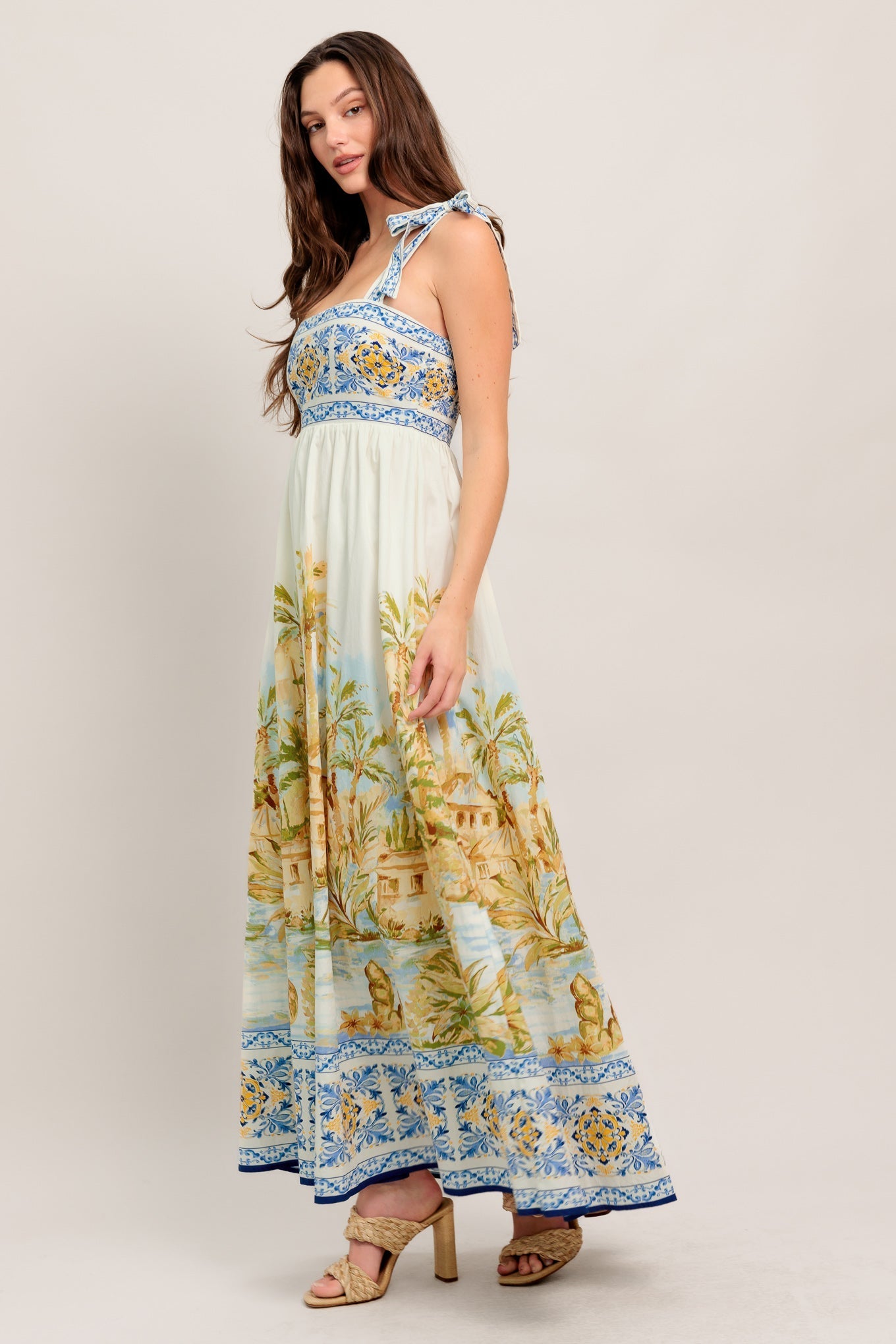 Postcard-Print Woven Maxi Dress