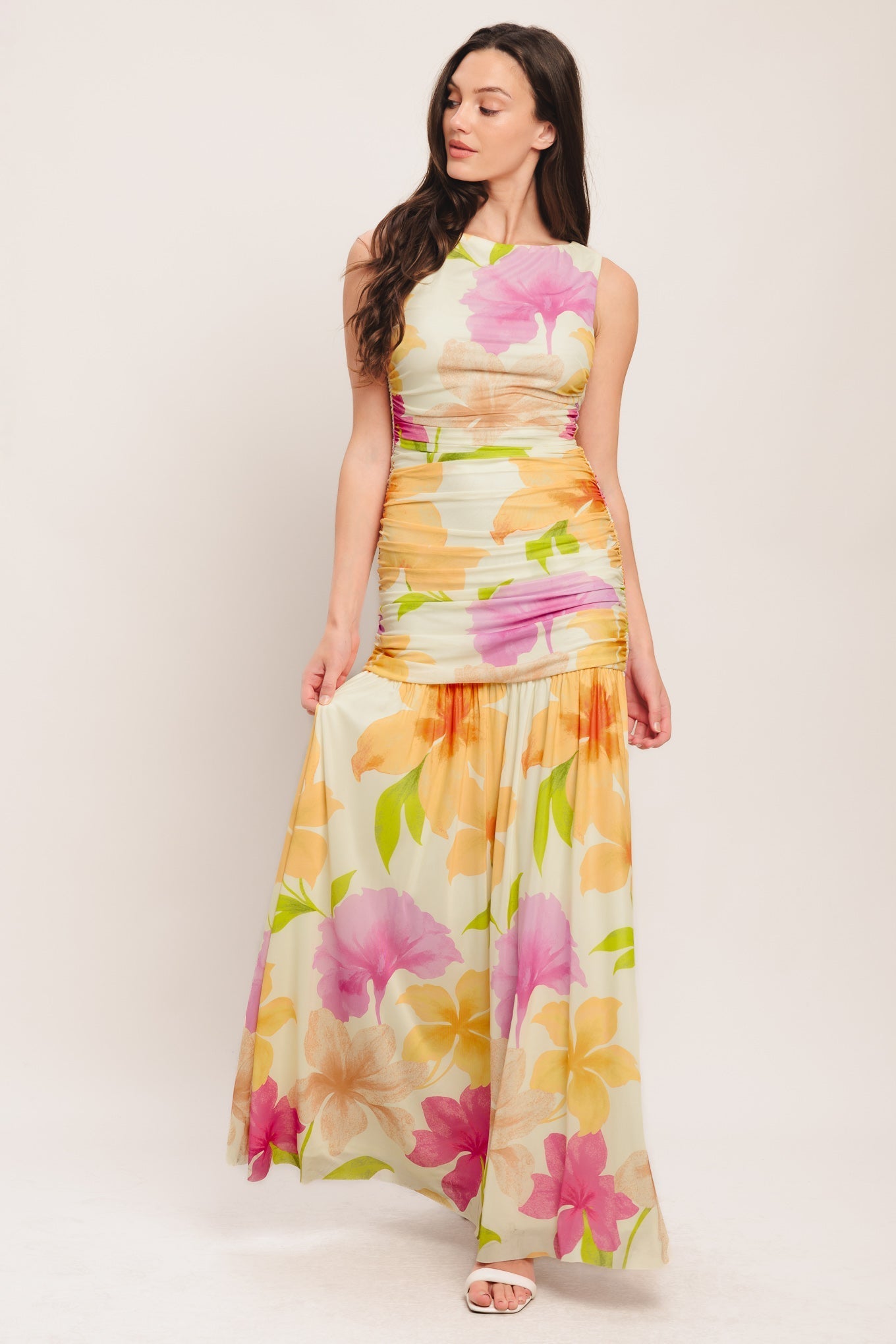 Printed power-mesh maxi dress
