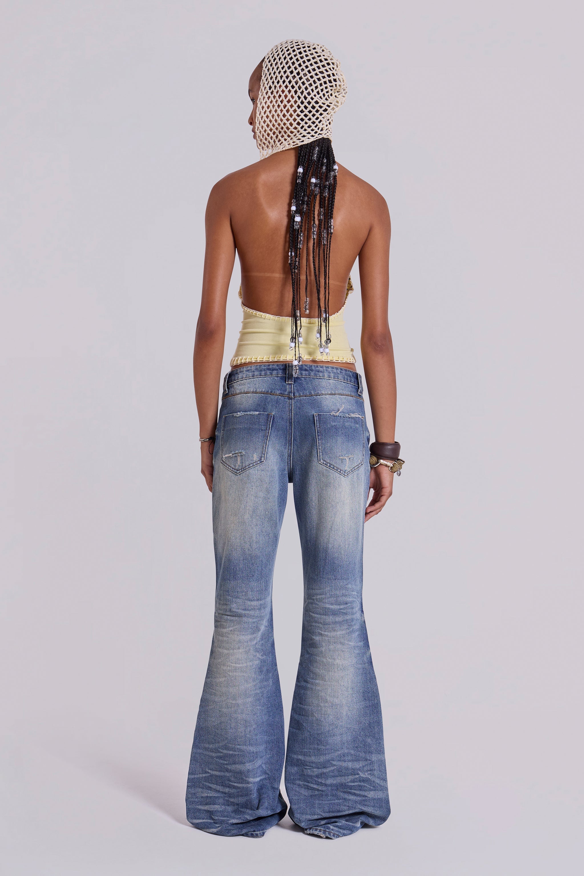 Mellemblå Slidte Krøllede Drift Flared Jeans