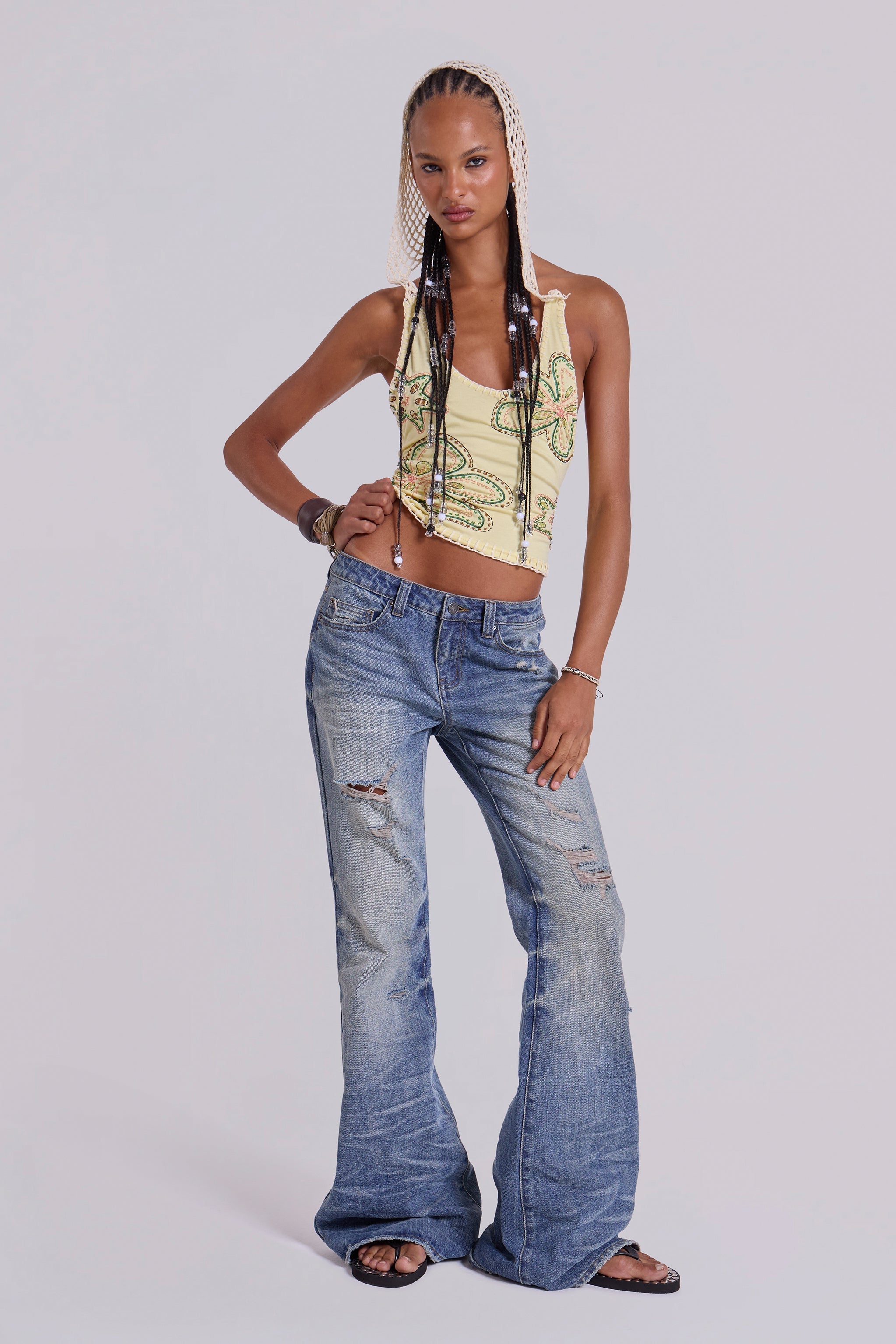 Mellemblå Slidte Krøllede Drift Flared Jeans