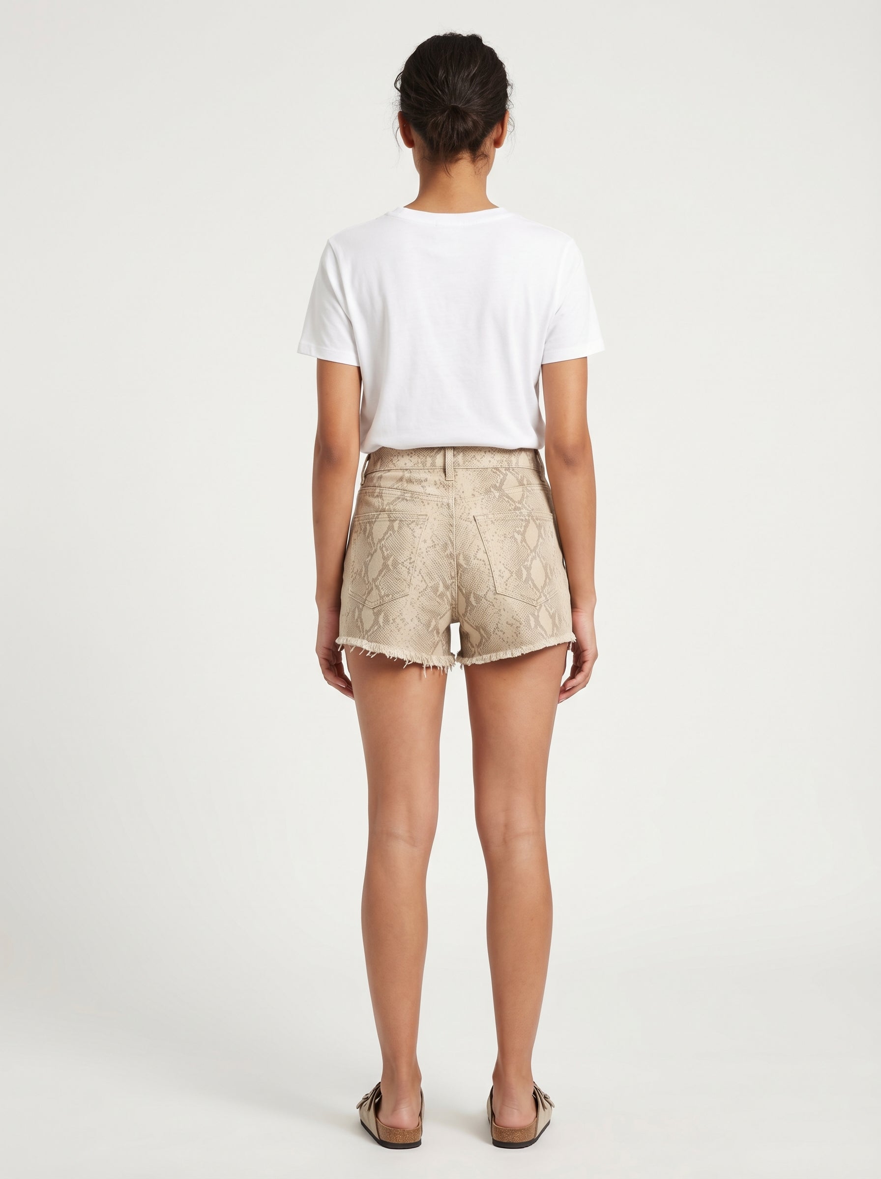 Snake Print Frayed Denim Mini Shorts