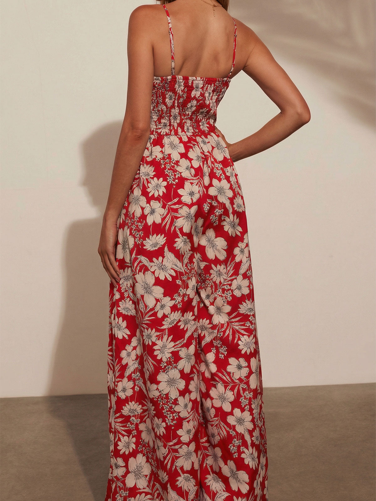 Boho blomster smocket ærmeløs lommekant resort brede ben jumpsuit