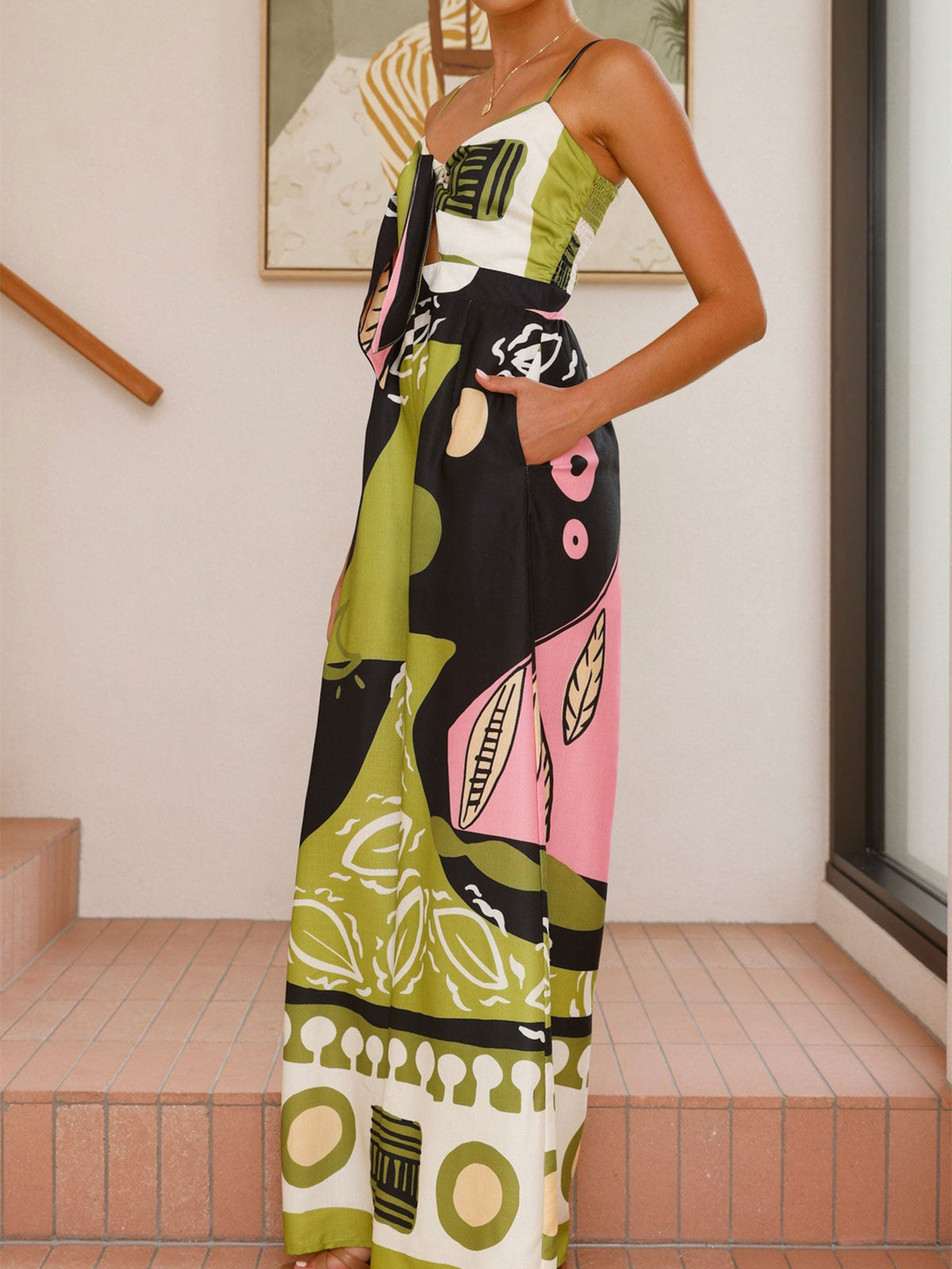 Boho print knude foran cami lommekant resort brede ben jumpsuit