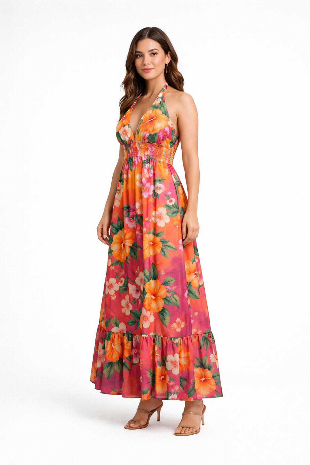 Sunset Garden Floral Halter Maxi Dress - Side Angle