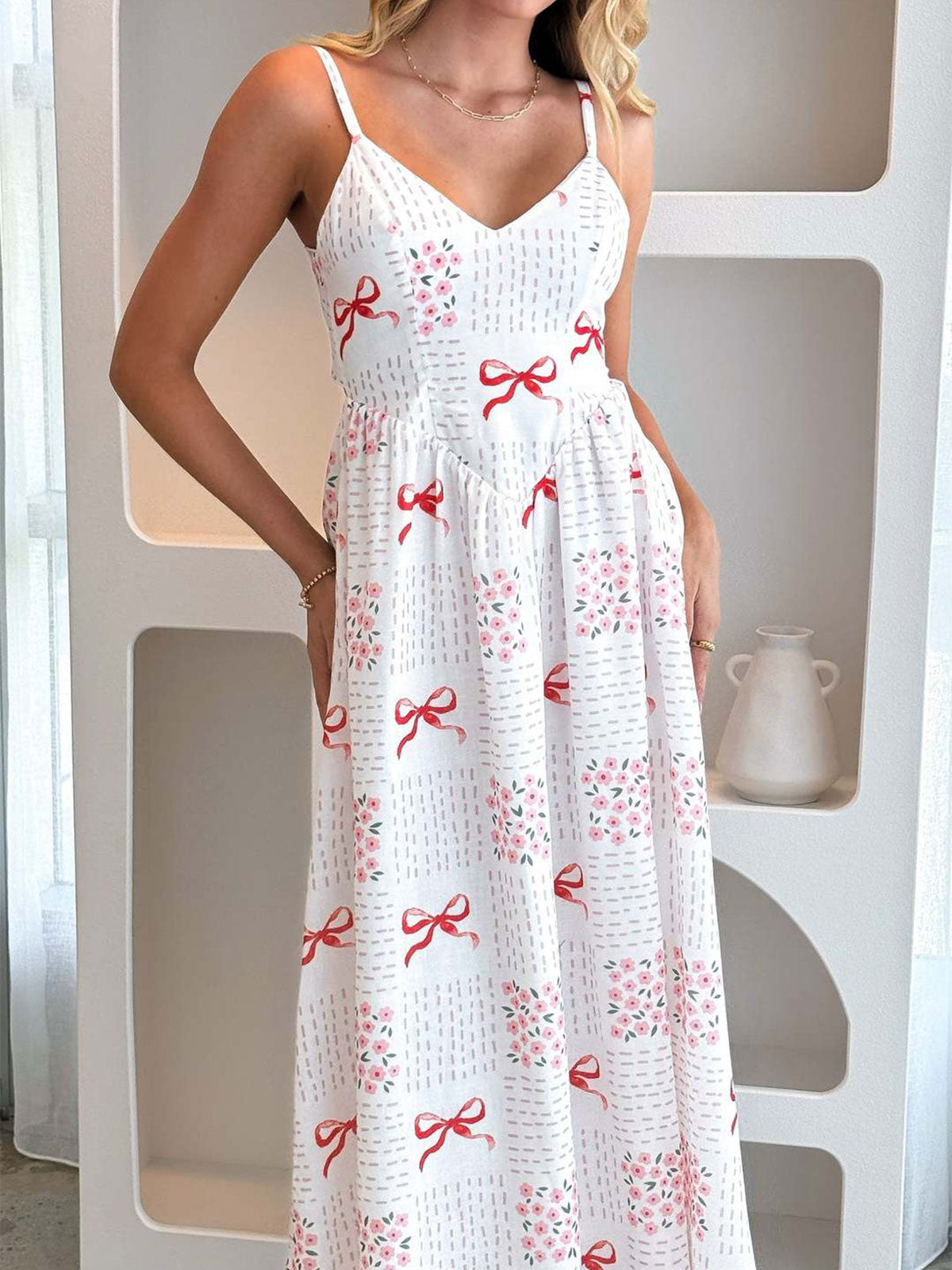 Schattige Strik Knoop V-hals Drop Taille Resort Bloemenprint Slip Midi Jurk