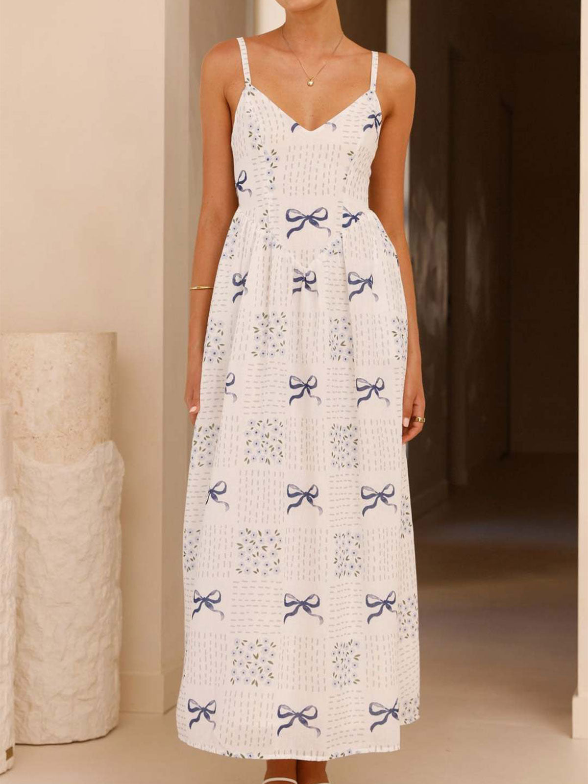 Schattige Strik Knoop V-hals Drop Taille Resort Bloemenprint Slip Midi Jurk