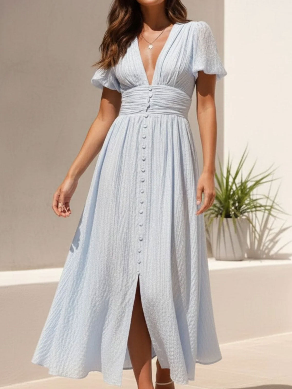 Elegant V Neck Ruched Waist Resort Seersucker Puff Sleeve Midi Dress