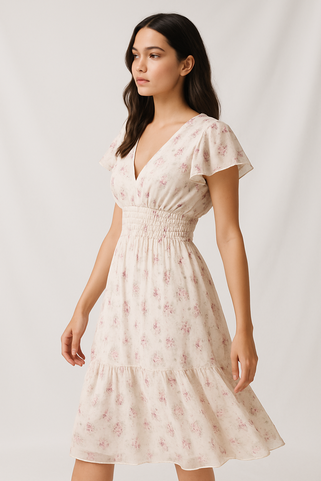 "Garden Party" Floral Chiffon Midi Dress