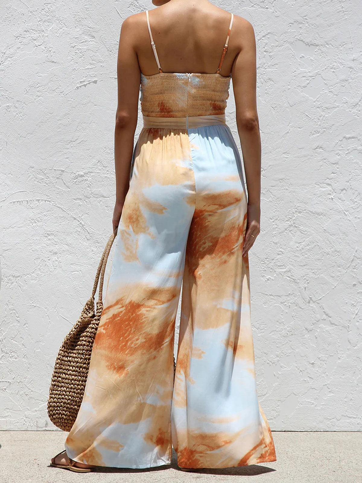 Oceaanprint Geknoopte Voorkant Mouwloos Pocket Resort Wijde Jumpsuit