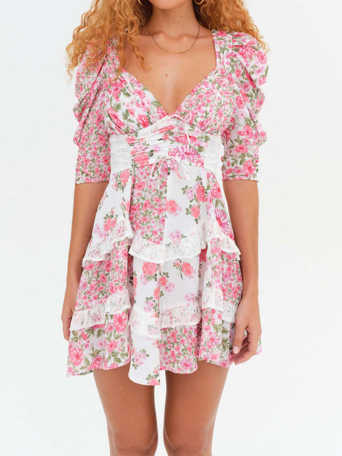 Resort Bloem Geplooide V Hals Kant Ruffle Gelaagde Puff Mouw Mini Jurk