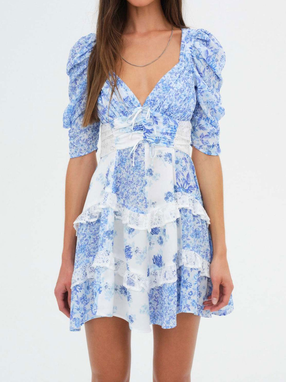 Resort Bloem Geplooide V Hals Kant Ruffle Gelaagde Puff Mouw Mini Jurk