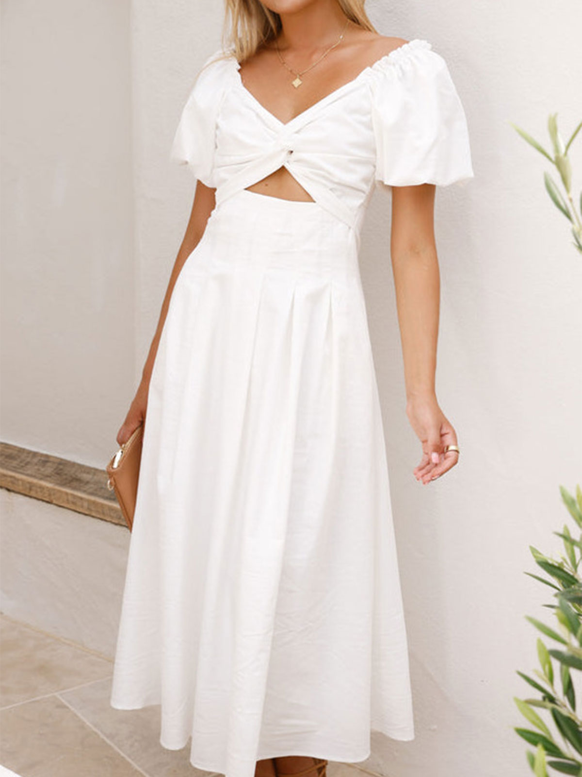 Resort Twist V Hals Cutout Pocket Trim Resort Puff Mouw Midi Jurk