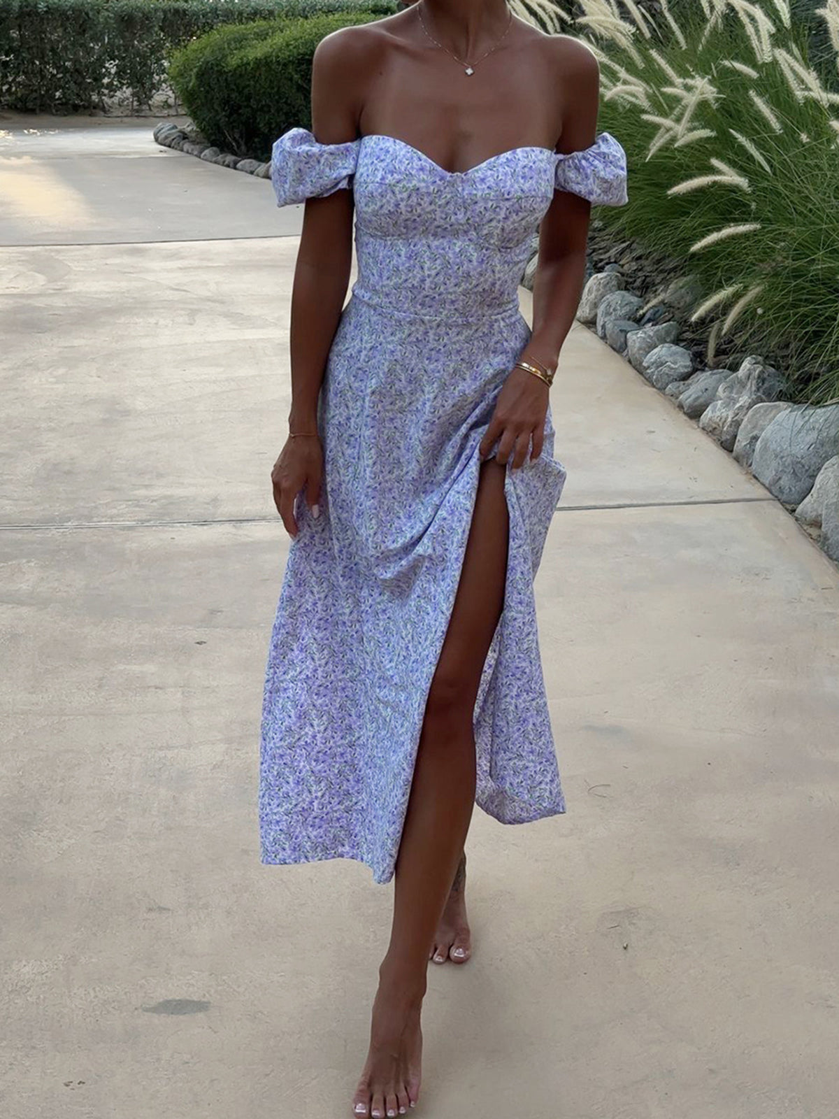 Sexy Bustier Puff Mouw Vetersluiting Rug Resort Split Bloem Midi Jurk