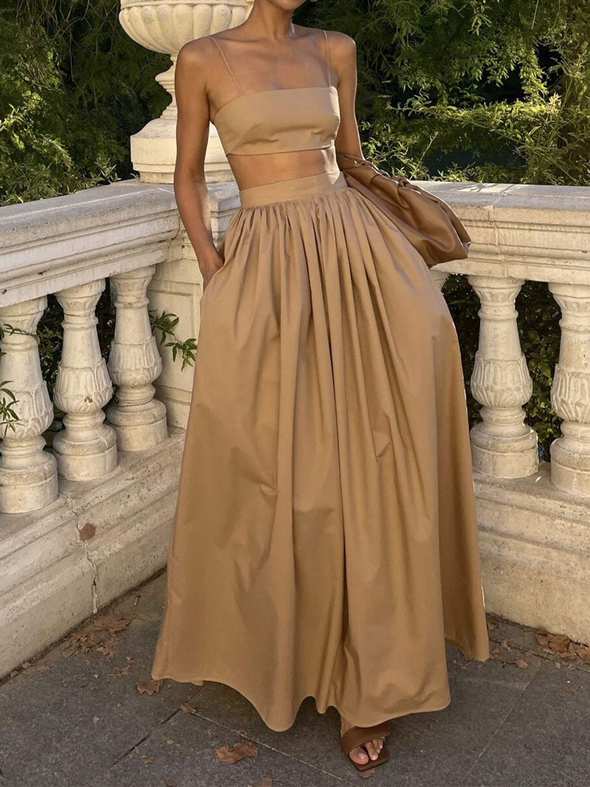 Sexy Crop Cami Top Hoge Taille Pocket Trim Resort Twee Delige Rok Set
